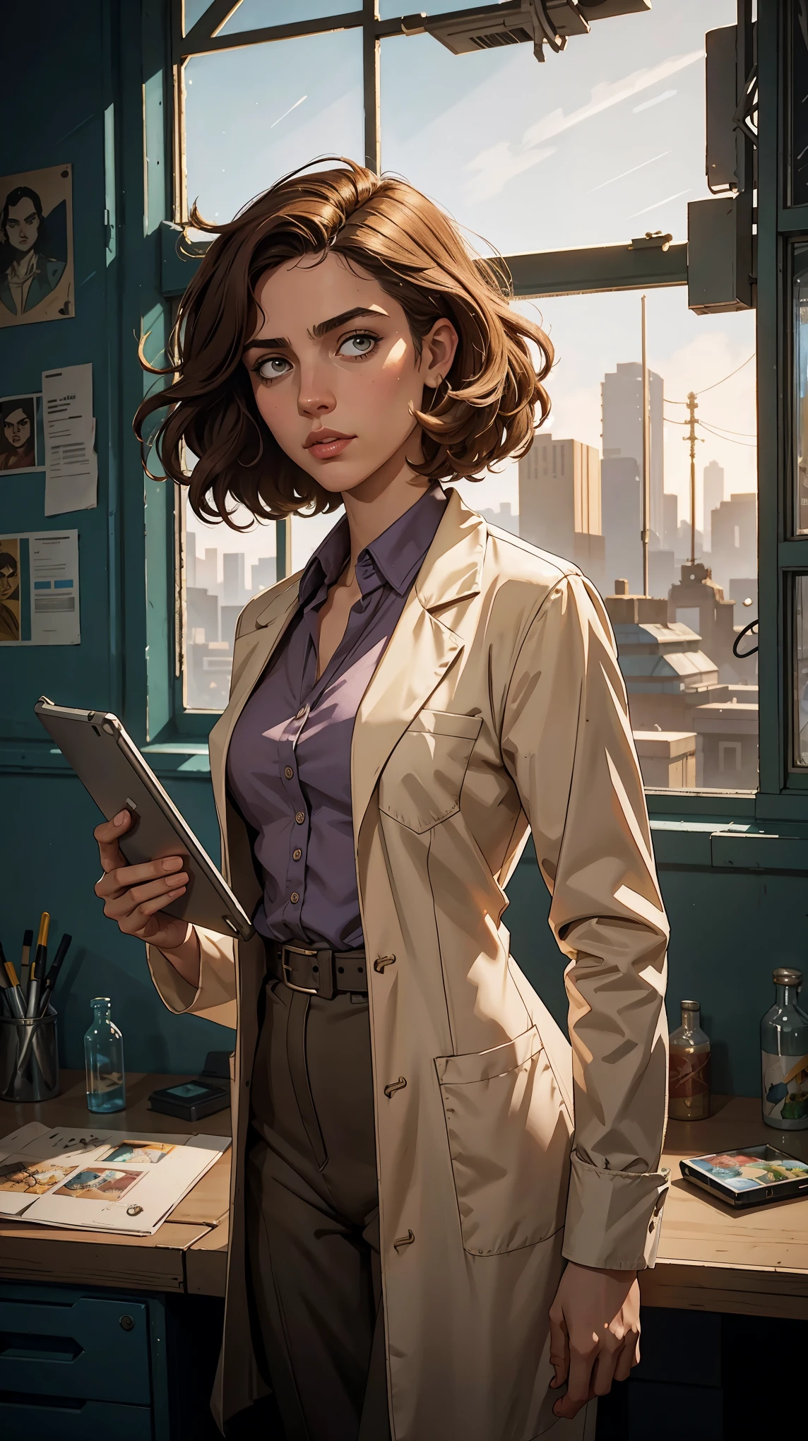 marqual, young female character in a scientist lab coat and holding futuristic tablet, medium length curly bob hair, Watercolor expressionist, disco elysium, dishonored, concept art style, dave mckeans, Warren Ellis and illustrated by Ben Templesmith, standing in a brightly lit modern engineering lab with large windows showing a daytime city skyline outside, sunlight through windows, ((upper body portrait))