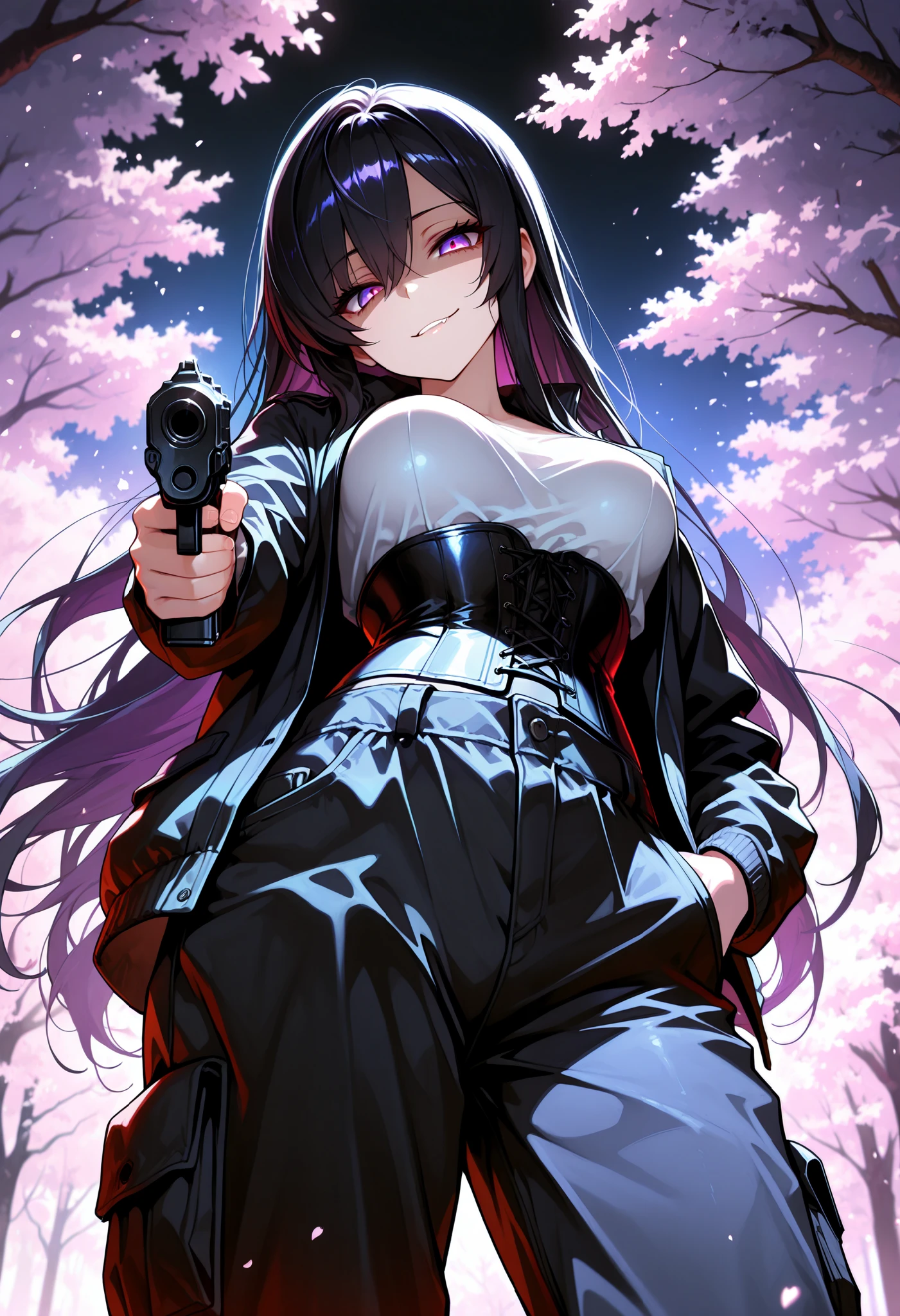 1 Woman, sharp purple eyes, multicolored eyes, hair between eyes, long side bangs, black hair with fine purple strands, very long hair, medium breasts, curvy, cool, beautiful, sexy, adult, seductive glance, standing、Holds a gun, pointed at the viewer, aiming at the viewer, partially shaded face , head tilt , gesugao , smirk, at night, dark night, solo, low angle shot, Lace-up corset, cargo pants with side pockets, (masterpiece , best quality) , amazing quality , very aesthetic , absurdres , newest , HDR , 8K , extremely detailed face and eyes , cinematic , professional lighting , backlighting, cherry blossom, cherry blossom trees,