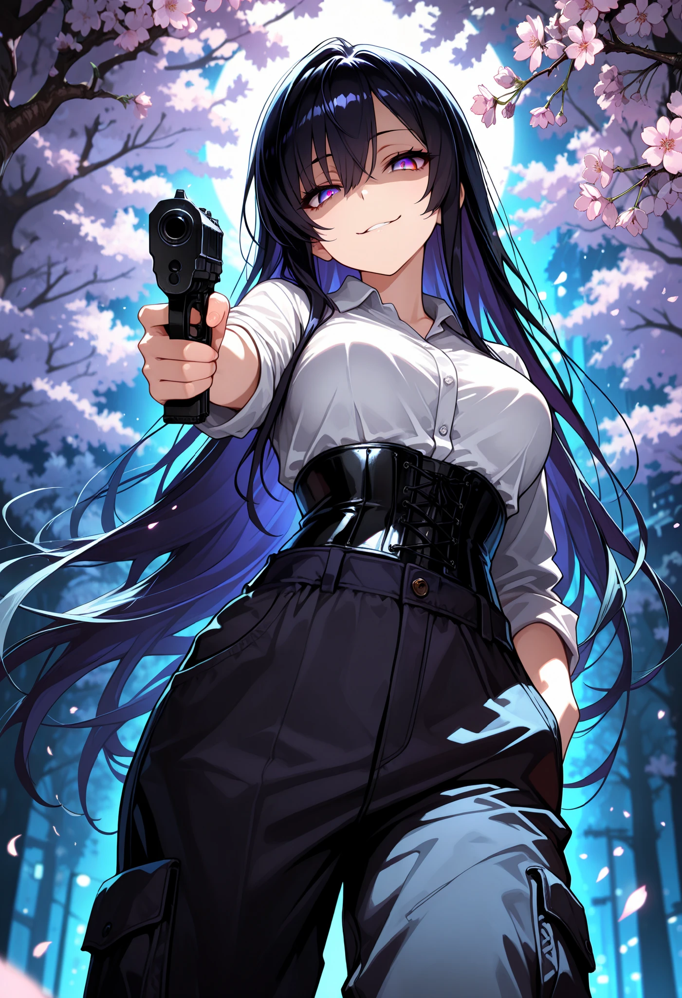 1 Woman, sharp purple eyes, multicolored eyes, hair between eyes, long side bangs, black hair with fine purple strands, very long hair, medium breasts, curvy, cool, beautiful, sexy, adult, seductive glance, standing、Holds a gun, pointed at the viewer, aiming at the viewer, partially shaded face , head tilt , gesugao , smirk, at night, dark night, solo, low angle shot, Lace-up corset, cargo pants with side pockets, (masterpiece , best quality) , amazing quality , very aesthetic , absurdres , newest , HDR , 8K , extremely detailed face and eyes , cinematic , professional lighting , backlighting, cherry blossom, cherry blossom trees,