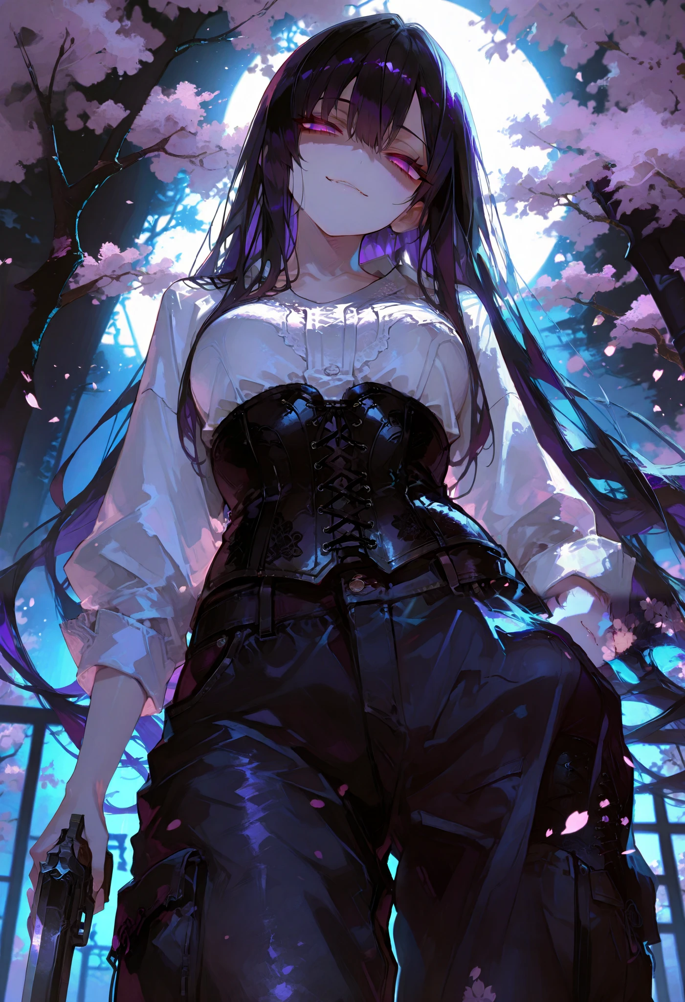 1 Woman, sharp purple eyes, multicolored eyes, hair between eyes, long side bangs, black hair with fine purple strands, very long hair, medium breasts, curvy, cool, beautiful, sexy, adult, seductive glance, standing、Holds a gun, pointed at the viewer, aiming at the viewer, partially shaded face , head tilt , gesugao , smirk, at night, dark night, solo, low angle shot, Lace-up corset, cargo pants with side pockets, (masterpiece , best quality) , amazing quality , very aesthetic , absurdres , newest , HDR , 8K , extremely detailed face and eyes , cinematic , professional lighting , backlighting, cherry blossom, cherry blossom trees,