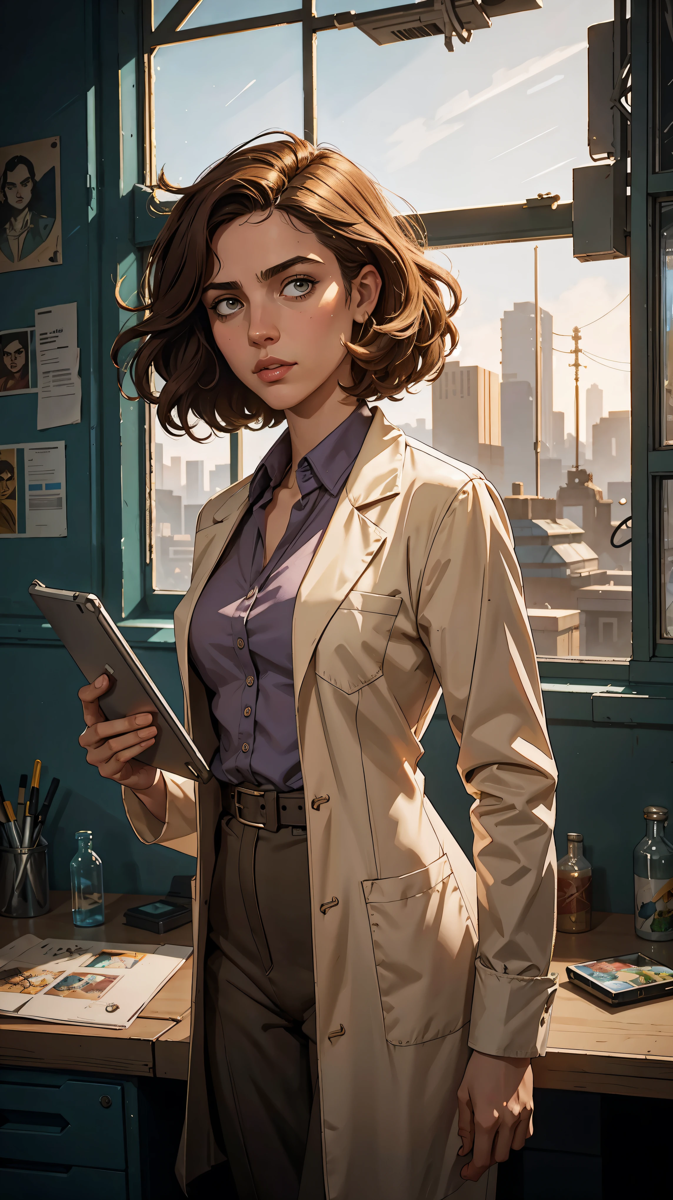 marqual, young female character in a scientist lab coat and holding futuristic tablet, medium length curly bob hair, Watercolor expressionist, disco elysium, dishonored, concept art style, dave mckeans, Warren Ellis and illustrated by Ben Templesmith, standing in a brightly lit modern engineering lab with large windows showing a daytime city skyline outside, sunlight through windows, ((upper body portrait))