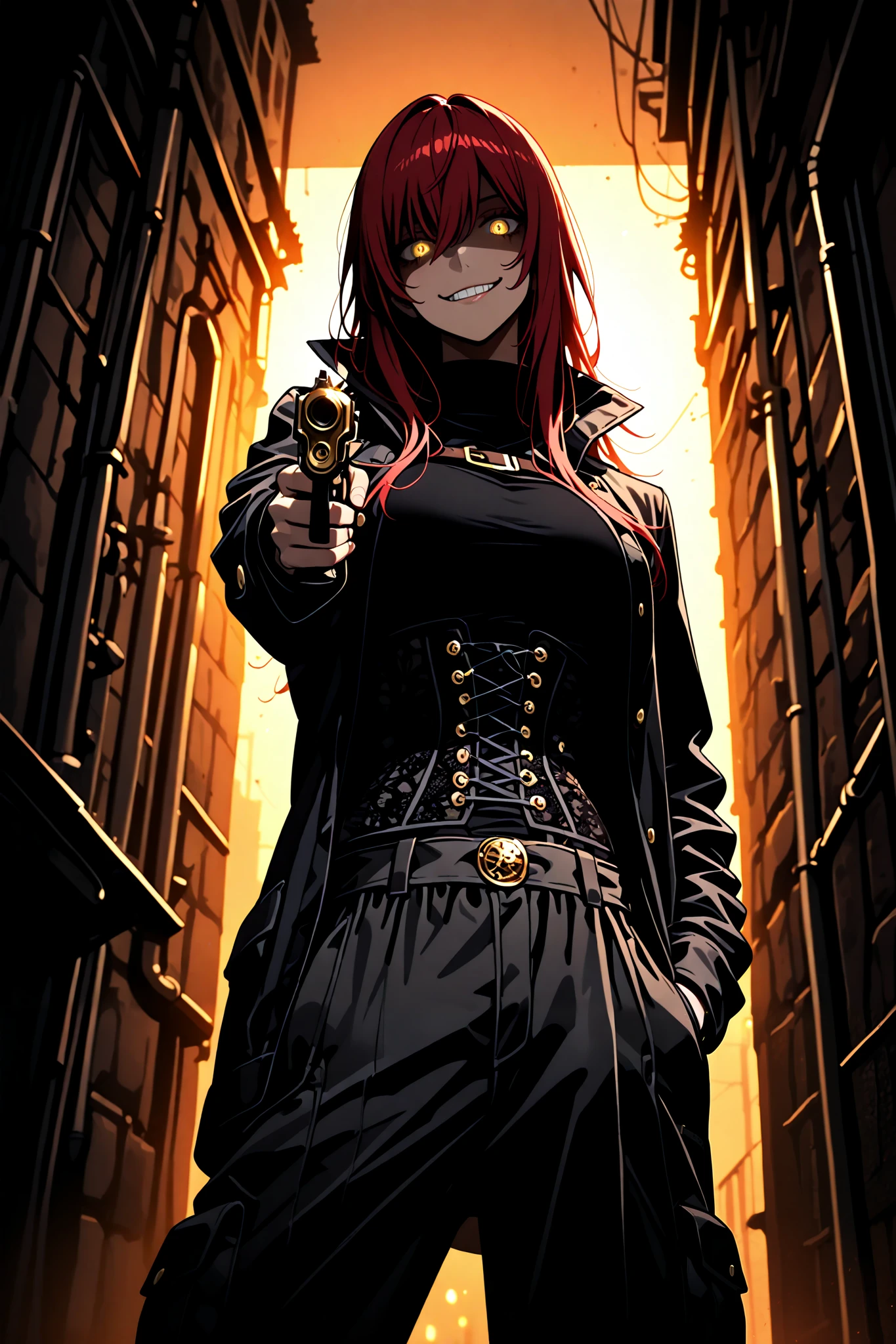 1 Woman, golden eyes, glowing golden eyes, red hair, long hair, standing, Lace-up corset, cargo pants with side pockets、standing、Holds a gun, pointed at the viewer, aiming at the viewer, partially shaded face , head tilt , gesugao , smirk, at night, dark night, dark alley solo, low angle shot, Lace-up corset, cargo pants with side pockets, (masterpiece , best quality) , amazing quality , very aesthetic , absurdres , newest , HDR , 8K , extremely detailed face and eyes , cinematic , professional lighting , backlighting