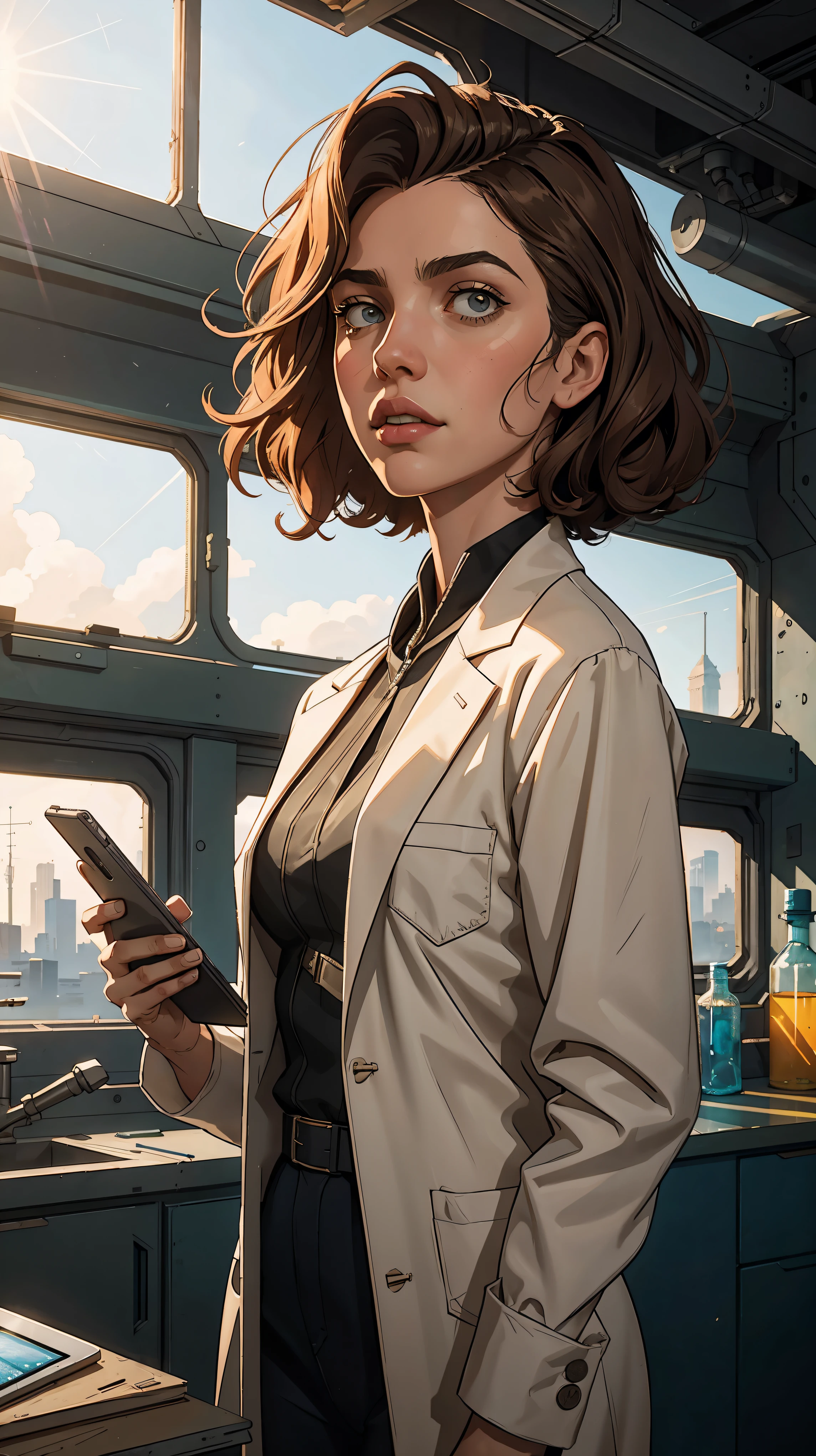 marqual, young female character in a scientist lab coat and holding futuristic tablet, medium length curly bob hair, Watercolor expressionist, disco elysium, dishonored, concept art style, dave mckeans, Warren Ellis and illustrated by Ben Templesmith, standing in a brightly lit modern engineering lab with large windows showing a daytime city skyline outside, sunlight through windows, ((upper body portrait))