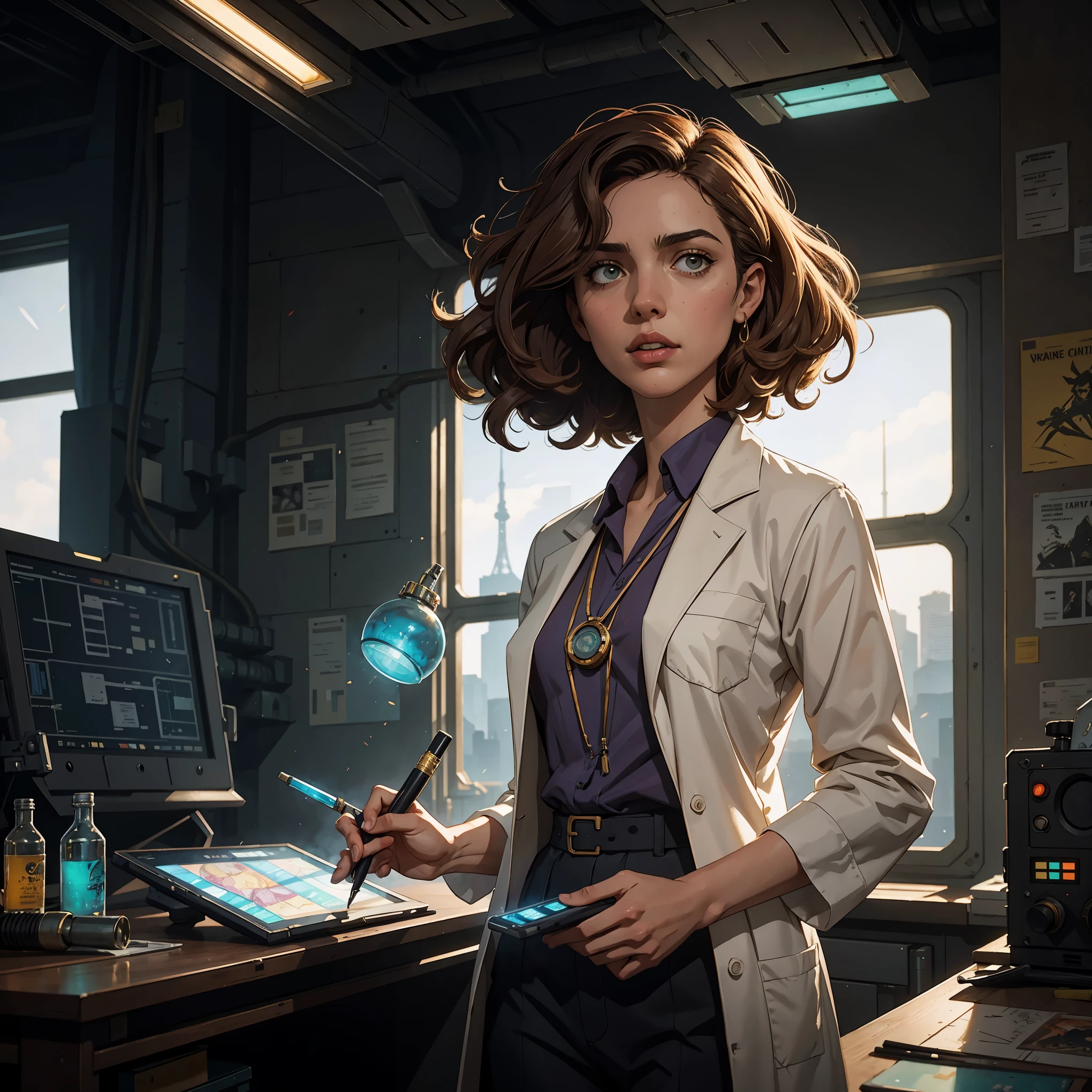 marqual, young female character in a scientist lab coat and holding futuristic tablet, medium length curly bob hair, Watercolor expressionist, disco elysium, dishonored, concept art style, dave mckeans, Warren Ellis and illustrated by Ben Templesmith, standing in a brightly lit modern engineering lab with large windows showing a daytime city skyline outside, sunlight through windows, ((upper body portrait))