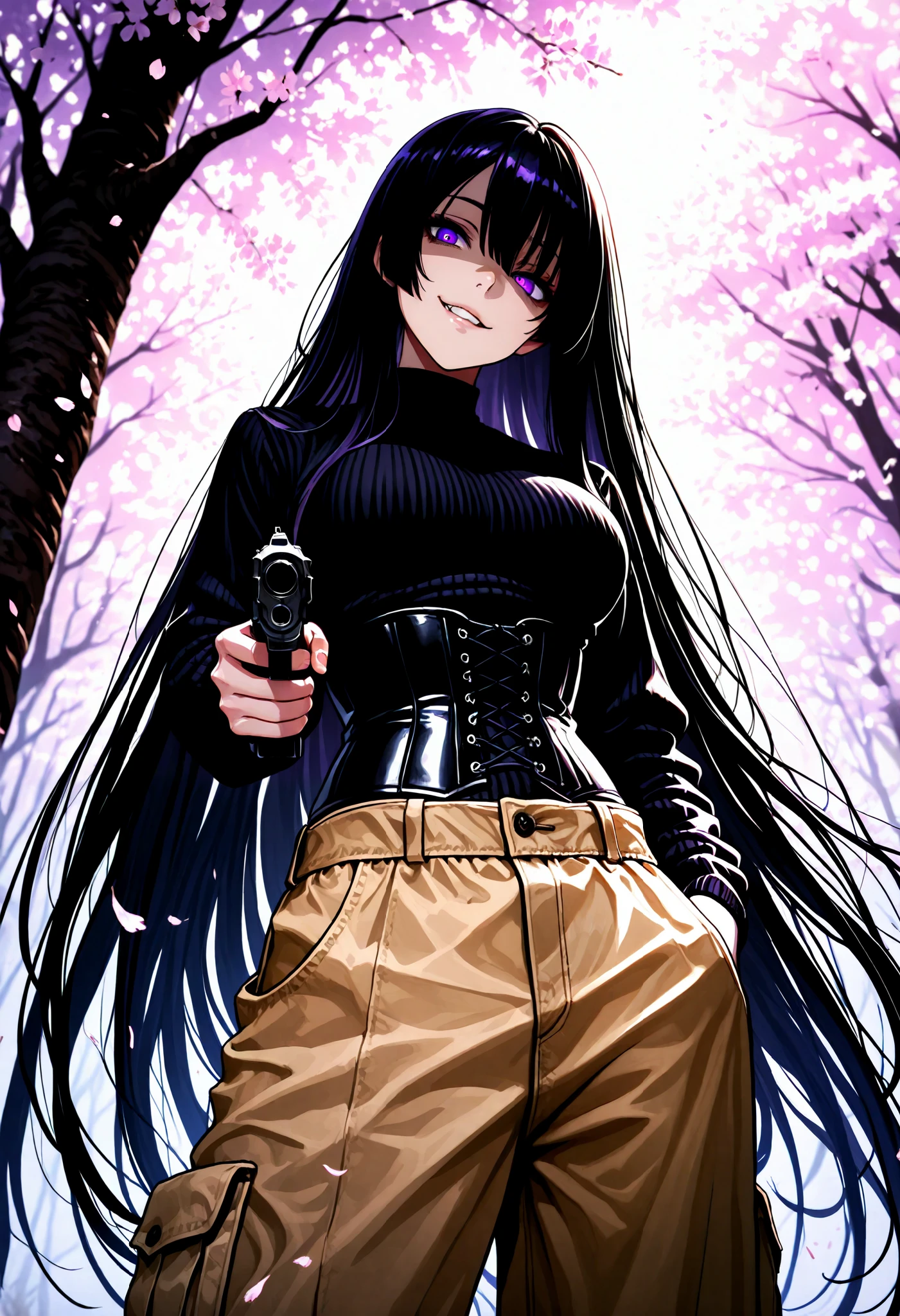 1 Woman, sharp purple eyes, multicolored eyes, hair between eyes, long side bangs, black hair with fine purple strands, very long hair, medium breasts, curvy, cool, beautiful, sexy, adult, seductive glance, standing、Holds a gun, pointed at the viewer, aiming at the viewer, partially shaded face , head tilt , gesugao , smirk, at night, dark night, solo, low angle shot, Lace-up corset, cargo pants with side pockets, (masterpiece , best quality) , amazing quality , very aesthetic , absurdres , newest , HDR , 8K , extremely detailed face and eyes , cinematic , professional lighting , backlighting, cherry blossom, cherry blossom trees,