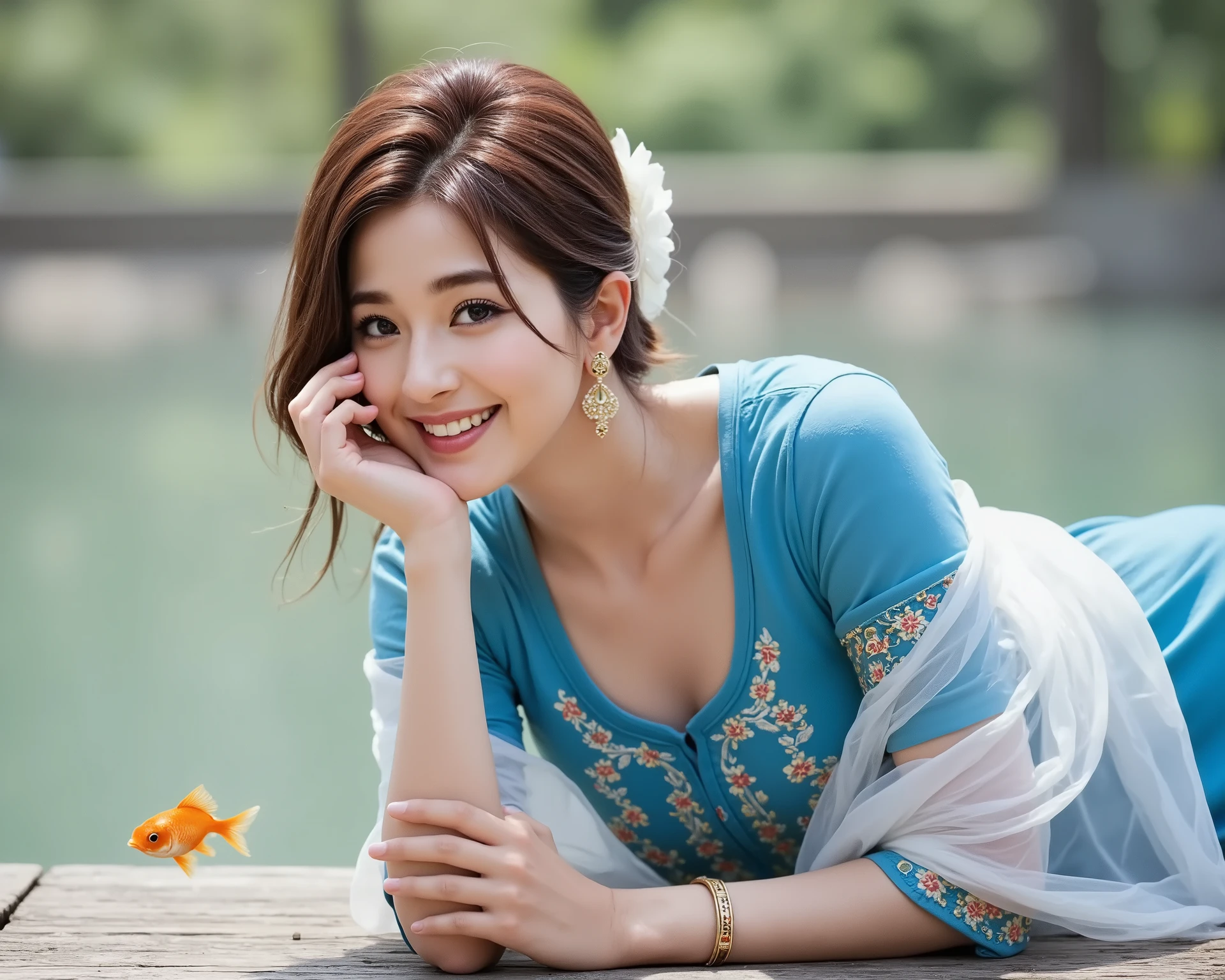 Digital illustration of a young woman lying on a wooden dock by the water. she is wearing a blue traditional pakistani outfit with a white shawl draped over her shoulders. her hair is styled in a high bun and she is wearing gold earrings and bangles. she has a smiling happy vibes peaceful expression on her face and is looking down at a goldfish that is swimming in the water near her. the background is blurred, but it appears to be a body of water. the overall mood of the image is serene and happy vibes peaceful.