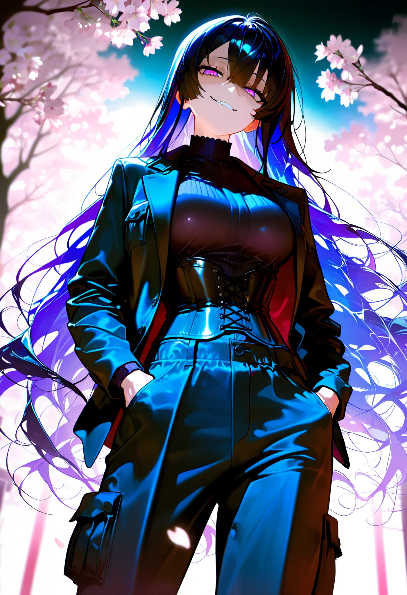 1 Woman, sharp purple eyes, multicolored eyes, hair between eyes, long side bangs, black hair with fine purple strands, very long hair, medium breasts, curvy, cool, beautiful, sexy, adult, seductive glance, standing、Holds a gun, pointed at the viewer, aiming at the viewer, partially shaded face , head tilt , gesugao , smirk, at night, dark night, solo, low angle shot, Lace-up corset, cargo pants with side pockets, (masterpiece , best quality) , amazing quality , very aesthetic , absurdres , newest , HDR , 8K , extremely detailed face and eyes , cinematic , professional lighting , backlighting, cherry blossom, cherry blossom trees,