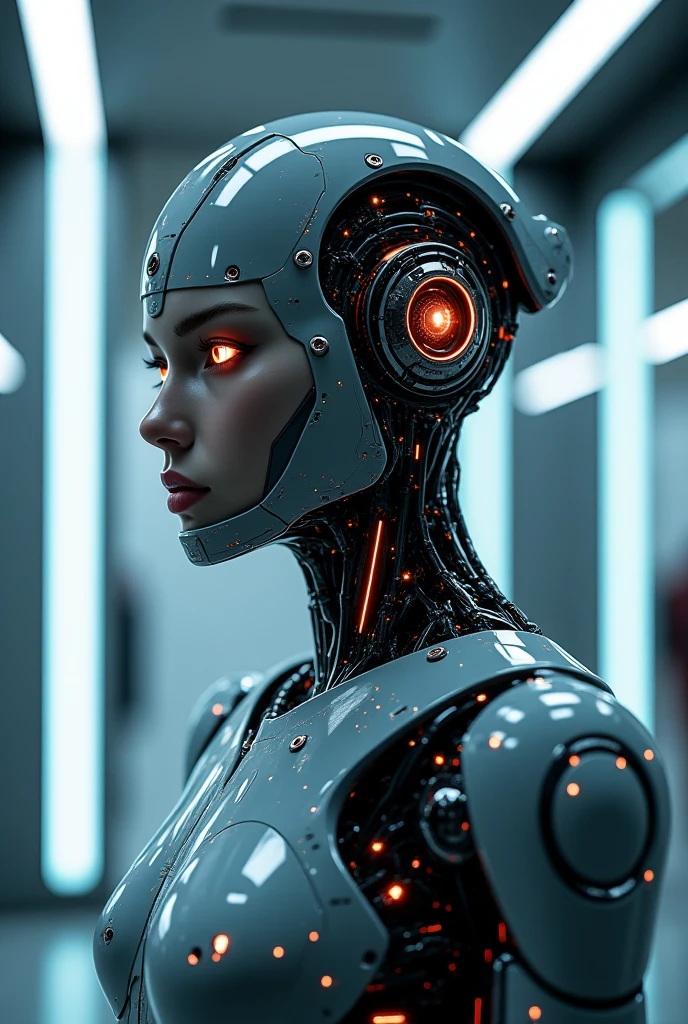 Cyborg Woman, ((Clear Glass body, Glowing Eyes))), Electronic Systems inside body clear to see, Detailed Brain in Sight, Detailed connection wire, mechanical limbs, tubes connected to the mechanical parts, mechanical vertebrae attached to the spine, mechanical cervical attachment to the neck, wires and cables connecting to the head, (((Led on a surgical Bed))), (((Cables Connecting to Monitors))), (((machine installing parts to the head))) | Biopunk | Cybernetics | Cyberpunk | | Canon M50| 100mm| Sharp Focus | Hyperrealism | Very detailed| Intricate Details | Full Body View, small glowing LED lamps, Bright Red Neon Highlights, global lighting, deep shadows, Octane Rendering, 8K, Ultra Sharp, Metal, Intricate Ornament Details, baroque details, Very intricate details, realistic light, CGSoation trend, facing the camera, neon details, (android manufactory in background)