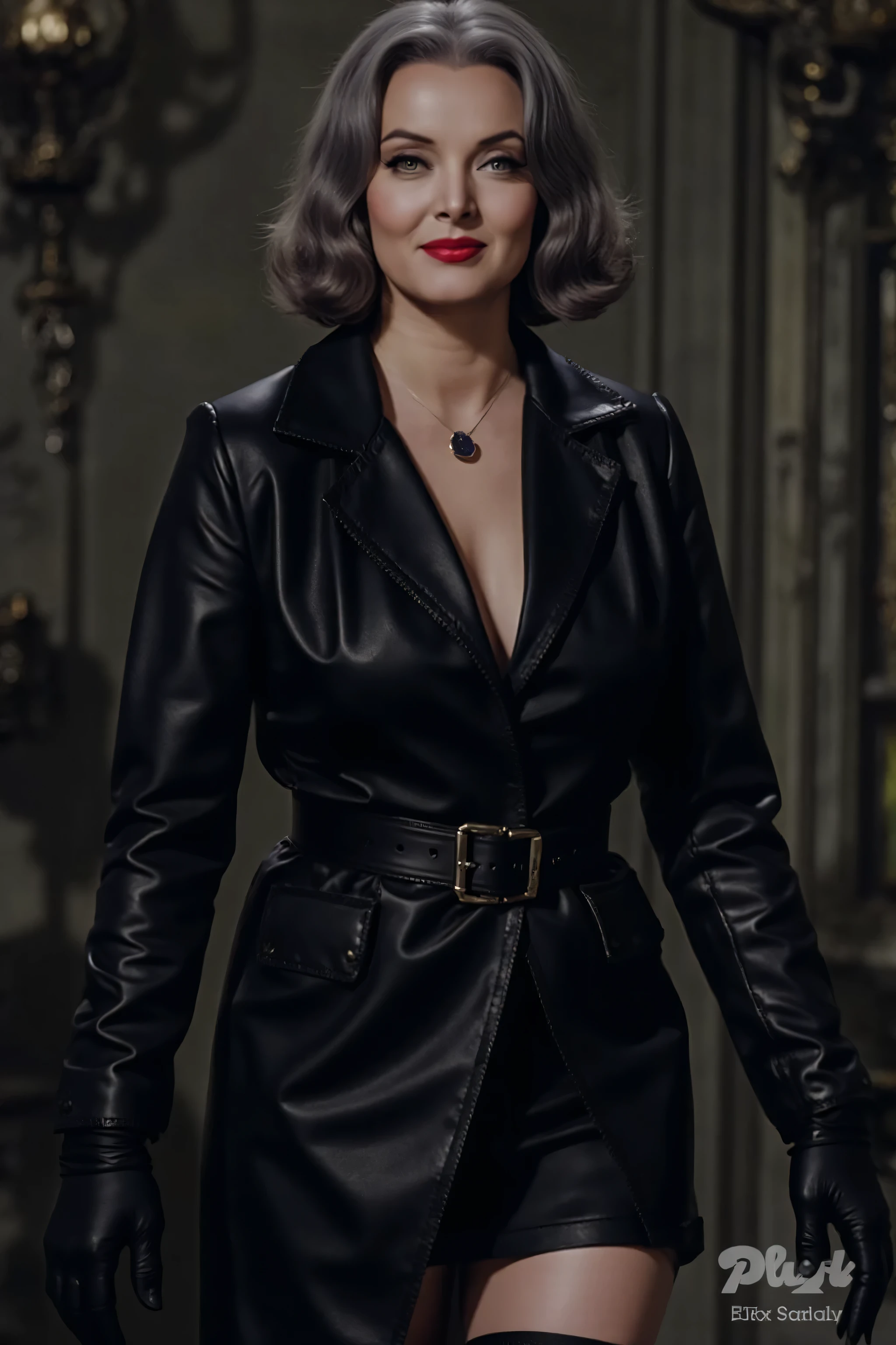 full body picture shot of villainess marsha queen of diamonds (batman villain); wholesome, looks like the girl next door, very fit, muscular, trim, wearing a black leather suit jacket (tight fitting), black leather skirt, with black leather knee high boots, wearing long black leather opera gloves, gray black short hair, 8k, high definition, visible cleavage, smiling, happy, hyper realistic, HD. Photograph, ((realism)), extremely high quality RAW photograph, ultra detailed photograph, sharp focus, high resolution, (detailed skin:1,3),high quality, film grain, Fujifilm XT3,Highly Detailed, movie, (Cinematic Photo:1.3) of (Realistic:1.3)Epic realistic image depicting the beautiful age.