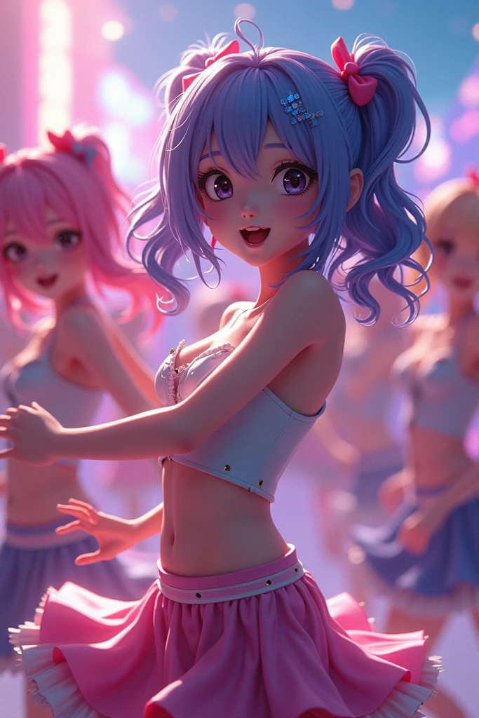 a group of four anime women practicing dance, all of them wearing simple bras with elegant and colorful theatrical skirts.
