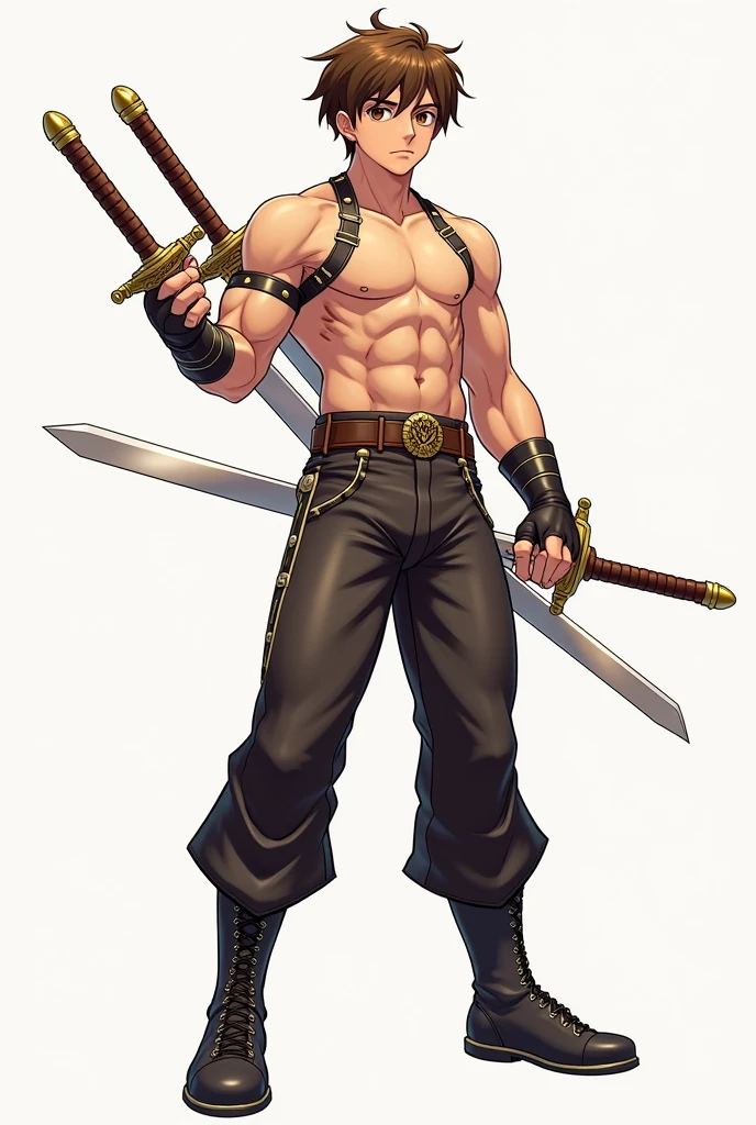 Anime boy with long blonde hair and green eyes holding a sword, handsome guy, Facial features reminiscent of Link from The Legend of Zelda, but wearing cargo shorts and tied around his waist a white sweatshirt with training sneakers and no shirt and the sweatshirt, on his chest and abdomen some cut scars on his body, and carrying a bottle in his right hand as if he were going to drink, of lean physique, but almost muscular ,Tall anime man with green eyes in a position that is about to start a training