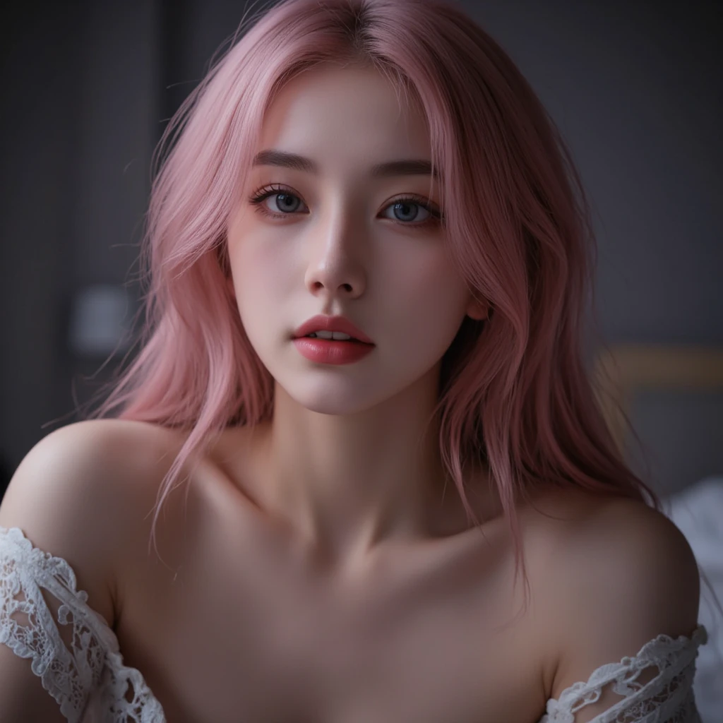 beautiful skinny korean blonde with muscular abs and light blue contact lenses wearing sexy deep neckline white mini tube top and white low waist micro skirt and pink belt, she have a nose piercing and wears candy color makeup, thin eyebrows, small breast implants, kawai makeup, pink lips, pink smokey eyes makeup, tongue out of her mouth, left eye winks, left hand making peace sign