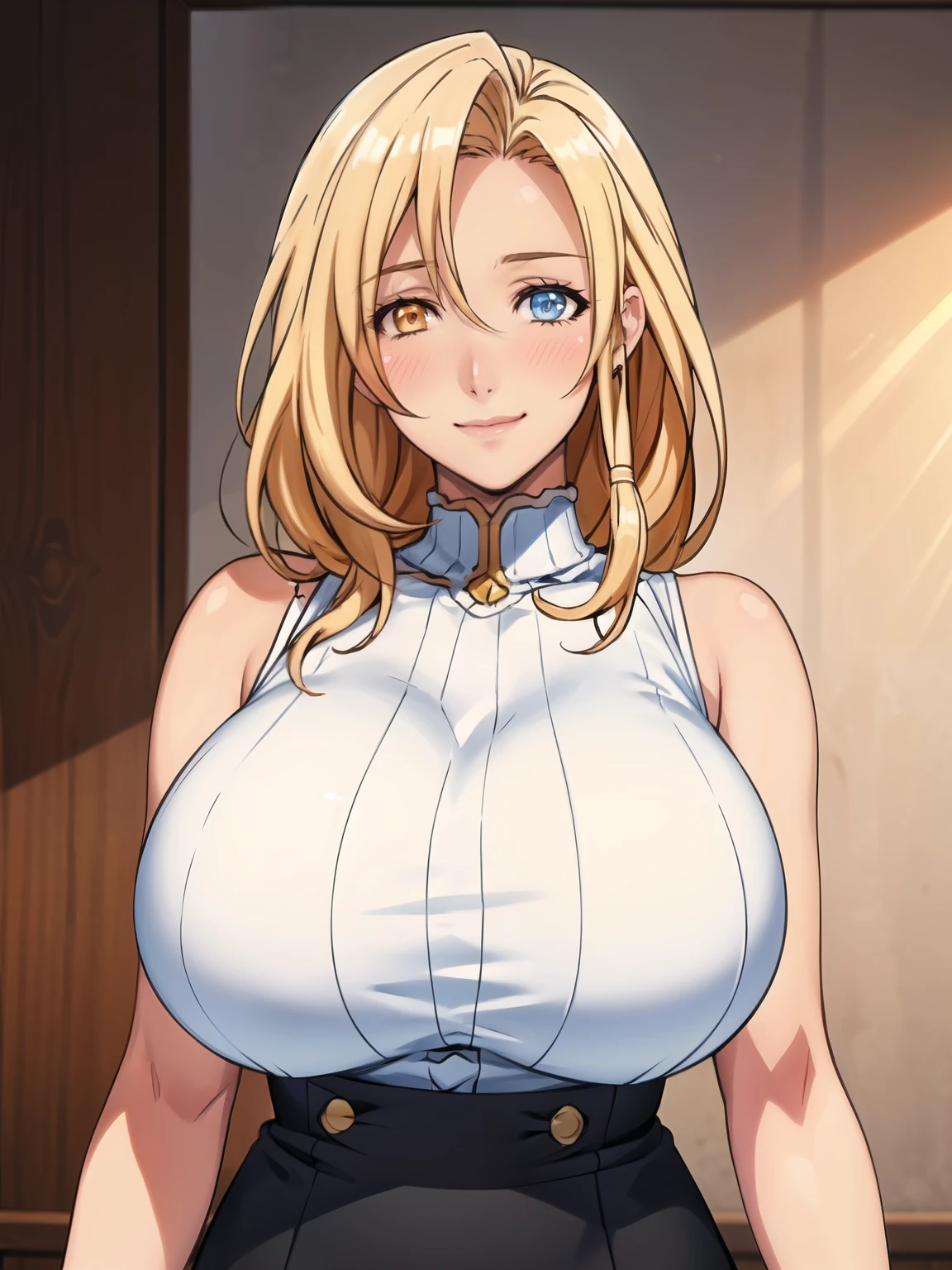 White sleeveless sweater, black pencil skirt, sarielx, god rays, anime cels style, best quality, high resolution, 1girl, (huge breasts:1.2), beautiful face, cowboy shot, heterochromia, long hair, smiling, blushing, looking at viewer, upper body