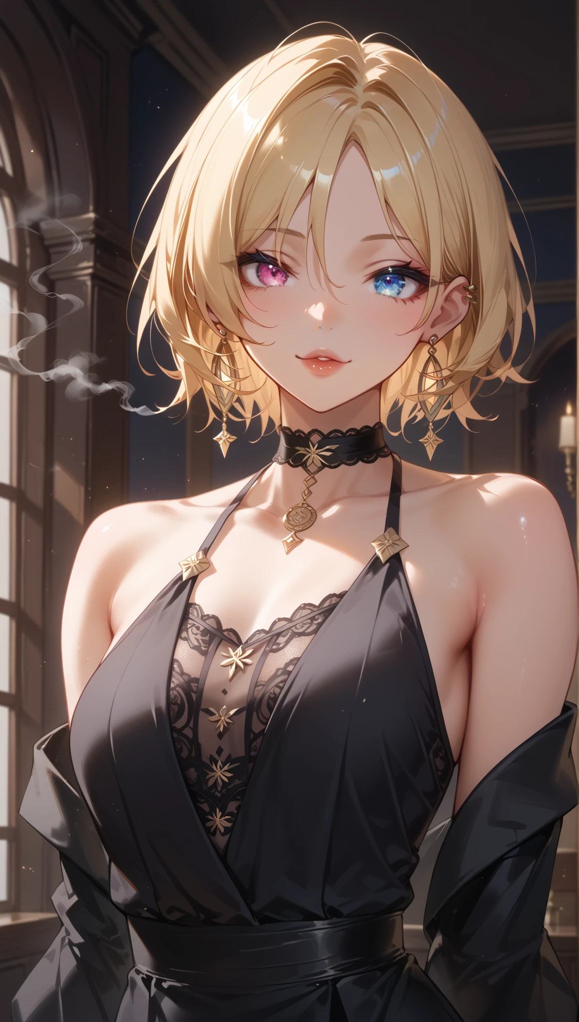 (masterpiece, top quality, very aesthetic, 4k、illustration), (backlighting)、intricate detail, 1woman,solo,contrapposto 、(gradient eyes、tareme)、Strong glowing eyes、asymmetrical bangs,Fair skin,(upper body)、beautiful women、Cleavage、happy、(red lipstick),beautiful face、(gradient hair)、(blonde hair)、low ponytail、sidelock ,,green eyes、Evening Dresses、medium breasts、slender 、