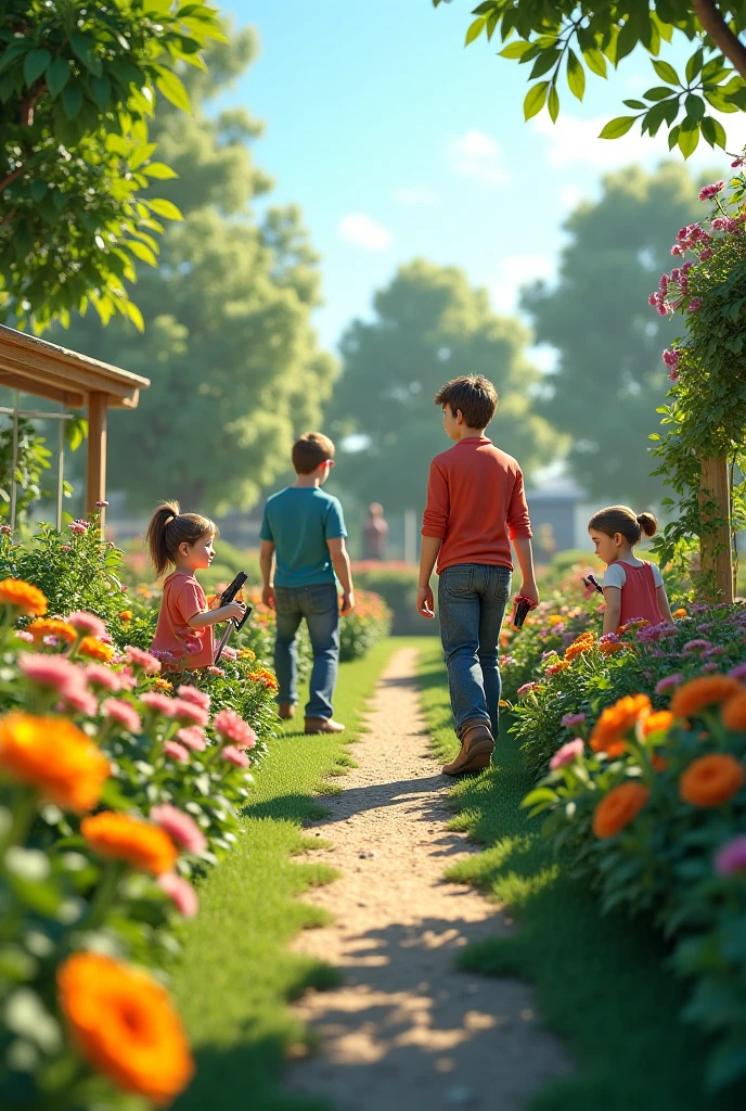 Girl and boy in the flower park, happy