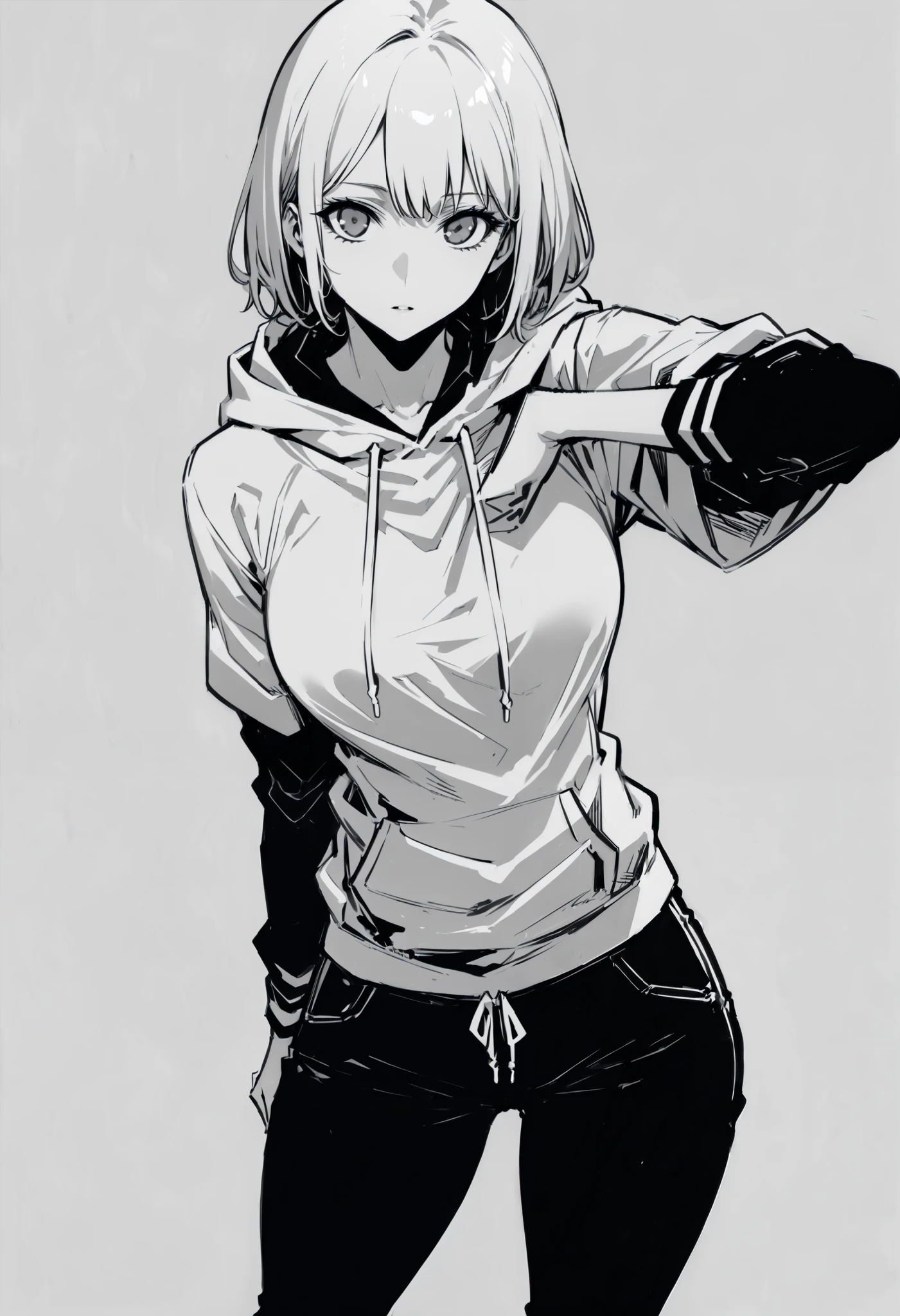 score_9, score_8_up, score_7_up, ((masterpiece,best quality)), monochrome, greyscale, monochrome,no hatching, torso image, monochrome,best quality, high resolution, clean background, high contrast,Masterpiece, manga art, line art, high angle, unshaded, 1girl, white hime cut, full body image, defined long eyelashes, grey eyes, wearing a hoodie, black sleeve cover, black pants, front facing, great composition, perfection