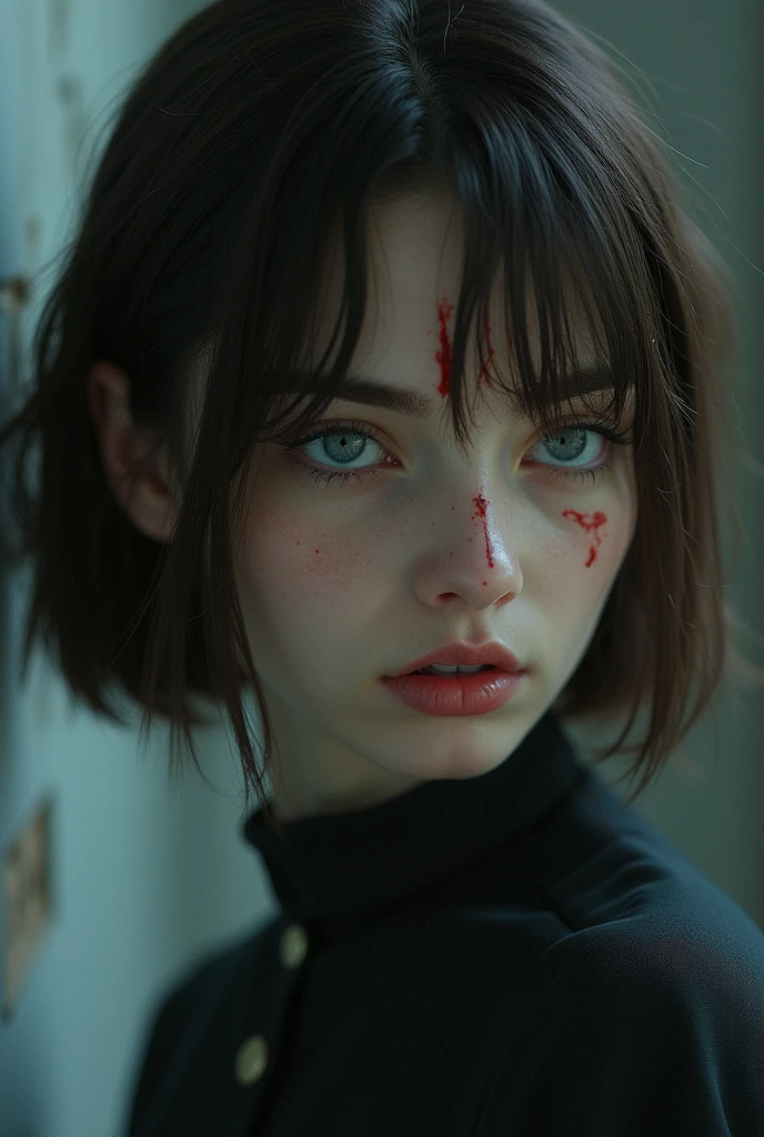 35mm film, solo, bob cut, makeup, blue eyes, , (formal shirt) (skirt) (((rain))) ((destroyed street))) (((blood))) upper body, epiCPhoto,focus on face, close to viewer, intricate lines, intriguing atmosphere, sharp magnificent details, delicate features, elaborate details, beautiful girl, black hair, (short hair) 1girl ((upper body)) (Acne), ((beautiful lighting)) wet hair, wet girl