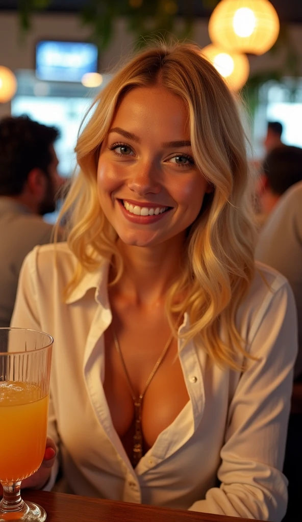 street photography photo of a young woman with blonde hair, smile, happy, nude, sitting in a 50s diner