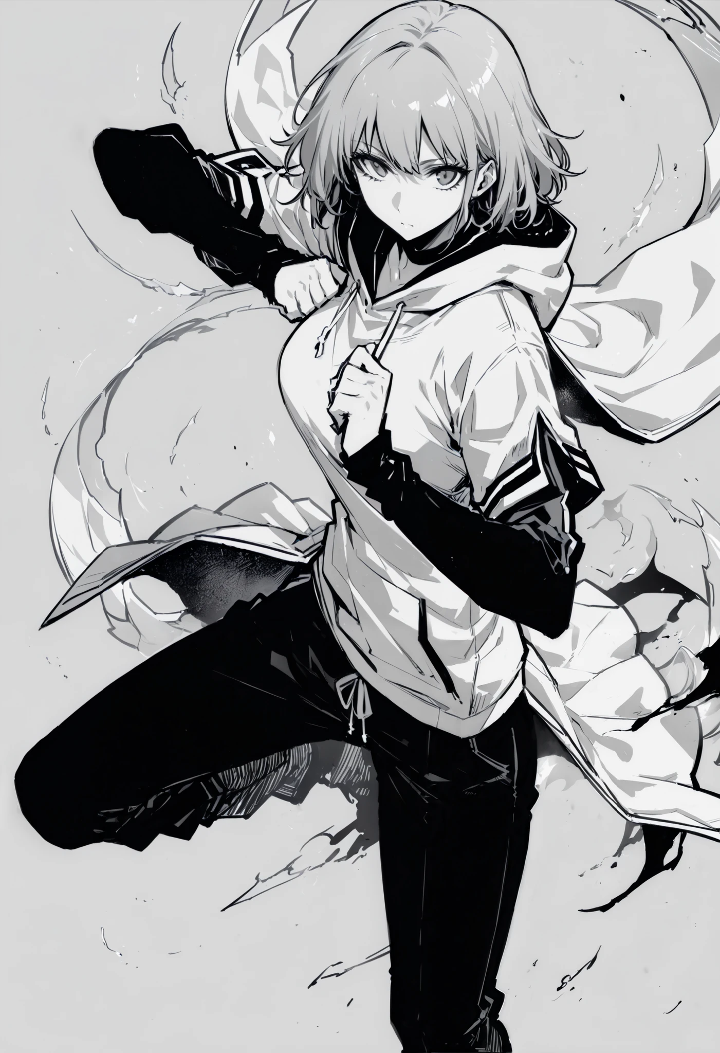score_9, score_8_up, score_7_up, ((masterpiece,best quality)), monochrome, greyscale, monochrome,no hatching, torso image, monochrome,best quality, high resolution, clean background, high contrast,Masterpiece, manga art, line art, high angle, unshaded, 1girl, white hime cut, full body image, defined long eyelashes, grey eyes, wearing a hoodie, black sleeve cover, black pants, fighting stance, great composition, perfection