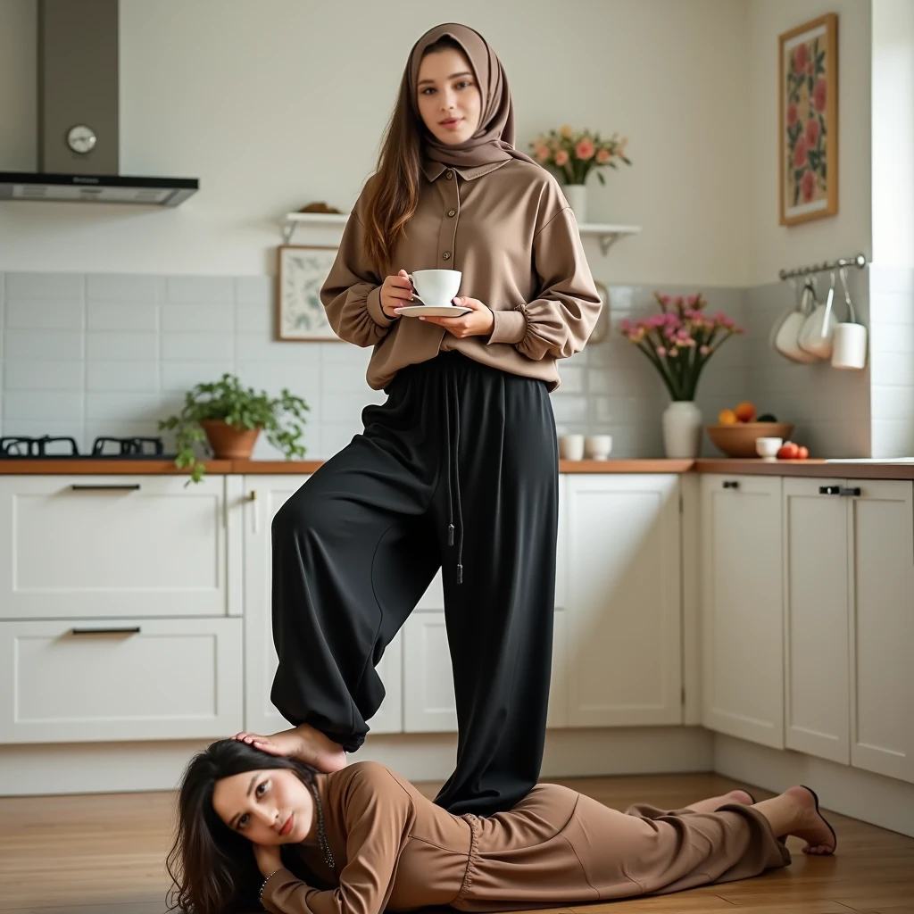 with black headscarf, white long sleeve t shirt, grey sweatpants, white socks, Sexy woman talking to her friends at home.