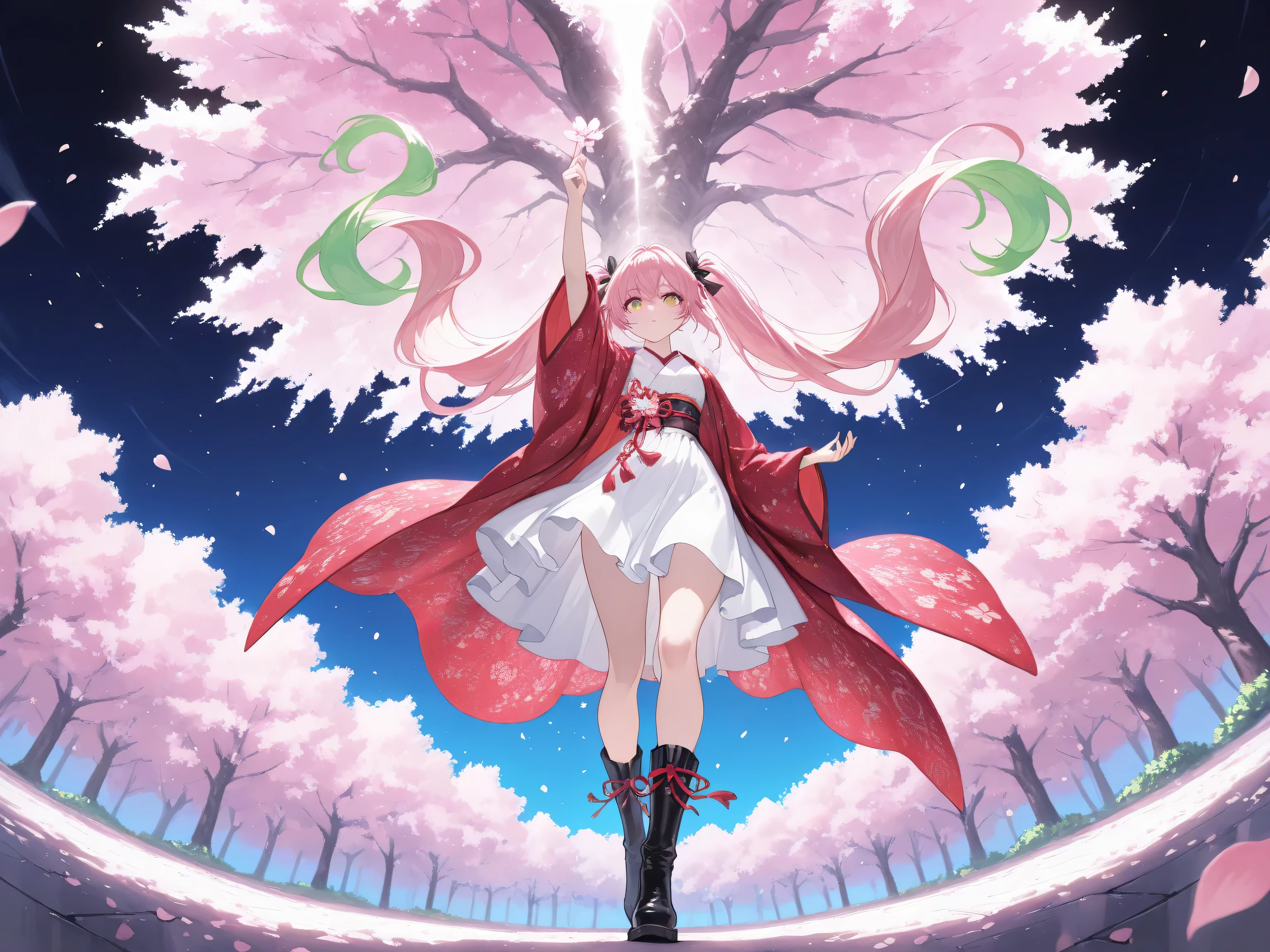 (masterpiece, best quality, extremely detailed, absurdres, very aesthetic, good anatomy, good finger), (highly detailed background, lighting), (1girl\super detailed skin, detailed beautiful face and eyes, Big and soft anime eyes, Each and every strand of hair is depicted in detail, (Two-tone yellow-green and pink hair\multicolored hair, green hair, pink hair, very long hair, twintails), Reach out to your audience\), (A beautiful kimono with a cherry blossom pattern, black boots, Silk Veil, Beautiful patterned red twill cord, Wearing a feather robe, Beautiful ribbon) BREAK, Natural elements, fantastical features, light and shadow effects, color and atmosphere, Beautiful falling cherry blossoms, Beautiful and fantastic pale light, beautiful night background, beautiful cherry blossom tree, petals, wind, 8k anime, BREAK, fisheye, from below, dynamic angle, magnificent panorama view