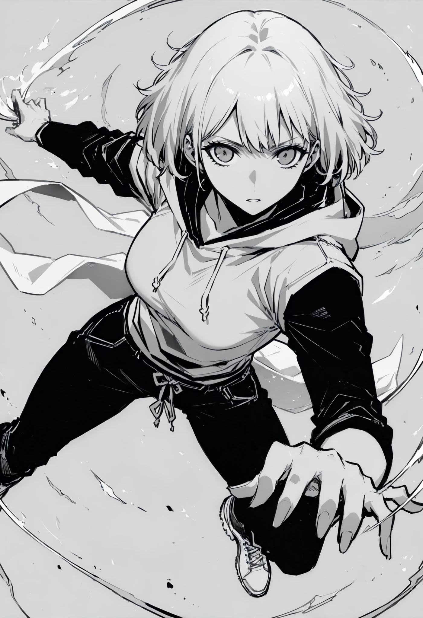 score_9, score_8_up, score_7_up, ((masterpiece,best quality)), monochrome, greyscale, monochrome,no hatching, torso image, monochrome,best quality, high resolution, clean background, high contrast,Masterpiece, manga art, line art, high angle, unshaded, 1girl, white hime cut, full body image, defined long eyelashes, grey eyes, wearing a hoodie, black sleeve cover, black pants, fighting stance, great composition, perfection