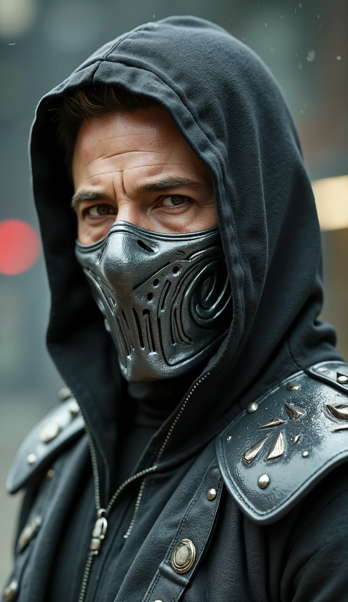 Here is a detailed prompt to generate an image **super realistic** by Ludacris as ****, focused on **upper body**, with a shiny metallic suit and impactful details, e um Bottom marcante: --- **"Hyper-realistic close-up by Jake Gyllenhaal as , the enigmatic ninja and master of shadows of * mortal kombat*. He is in an intense and mysterious pose, with a cold and ruthless expression, conveying mystery and power . He wears a shiny metallic suit, with intricate elements details and reflections that highlight the material. The metallic gray mask covers part of the face, with tribal patterns and small silver ornaments that complement its appearance. The lighting is dramatic , with shades of gray and silver, creating strong contrasts between light and shadow. O Bottom é um cenário realista e escuro, with cold lights, dense smoke and elements of an urban night environment, adding an intense and enveloping atmosphere."** --- **Extra details for realism:** - **durable:** Shiny metallic fabric, with light reflections and hyper-realistic textures. - **mask:** Highly detailed metallic gray design, with metallic reflections , tribal patterns and shiny silver and gray ornaments. - ** :** Cold and ruthless look, conveying the dark and powerful essence of . - **Bottom:** hyperdetailed textures in the smoke and in the elements of the urban night environment. This prompt combines iconic elements with Jake Gyllenhaal's unique look, ensuring a cinematic and immersive result! flawless skin texture. Bottom: dense beach, Greg Rutkowski style . dramatic lighting. 8k. 8k, rendered in Unreal Engine 5 realistic background Ultra-detailed textures, Cinematogr lighting