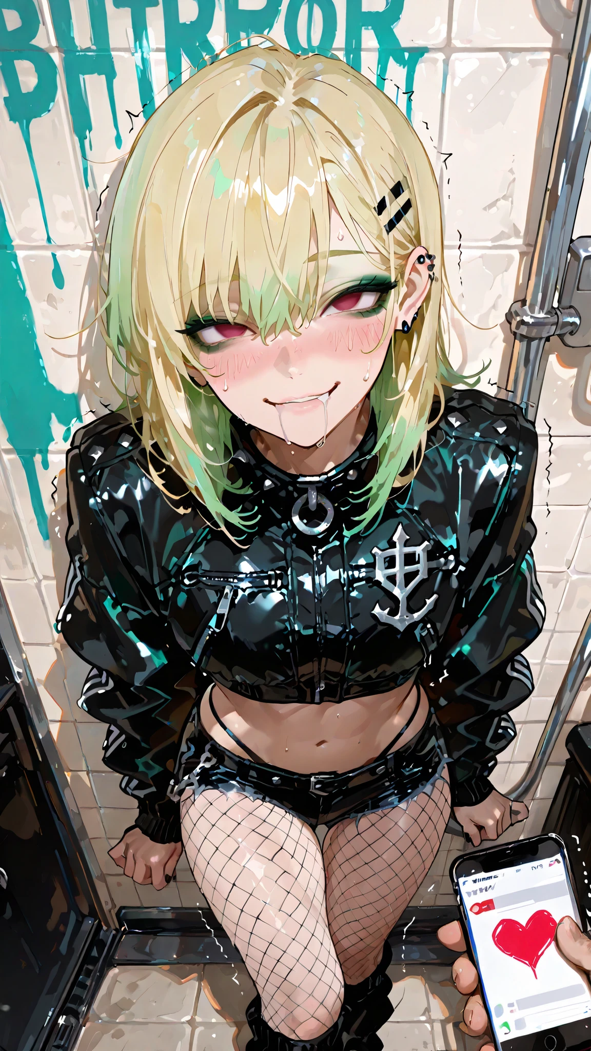 (sfw:1.2), 8K, masterpiece, Best Quality, High resolution, detail hands, detail fingers, detail face, detail leg, perfect lighting, (standing still), (empty eyes, brainwashed, hypnosis), (smile, upwards eyes, drooling, sweat, looking above), (trembling with sexual climax, aroused, blush), (thigh gap), (phone, symbol of heart), (pov), 1male,handsome,visual kei style,medium hair, heavy black eyeliner, green eyeshadow,black leather outfit adorned with silver chains, studs,black nail, bob hair, top quality,high quality,masterpiece, gyaruoh, (blonde:1.2), red eyes, androgynous, green hair tip highlight, beautiful young man, slightly muscular, 6 foot tall, hair clips, tanned skin, 18 years old male, solo, detailed face, mullet hair, punk, bolero jacket, (hot pants:1.2), (crop top:1.2), piercings, naval piercing, side parting, high cut thong, adult male, dot eyebrows, hot pants, fishnet pantyhose, 748cmstyle, close up, rings, leg warmers, city, street, tile wall, (painted wall:1.1) ,BREAK masterpiece,best quality,very aesthetic,