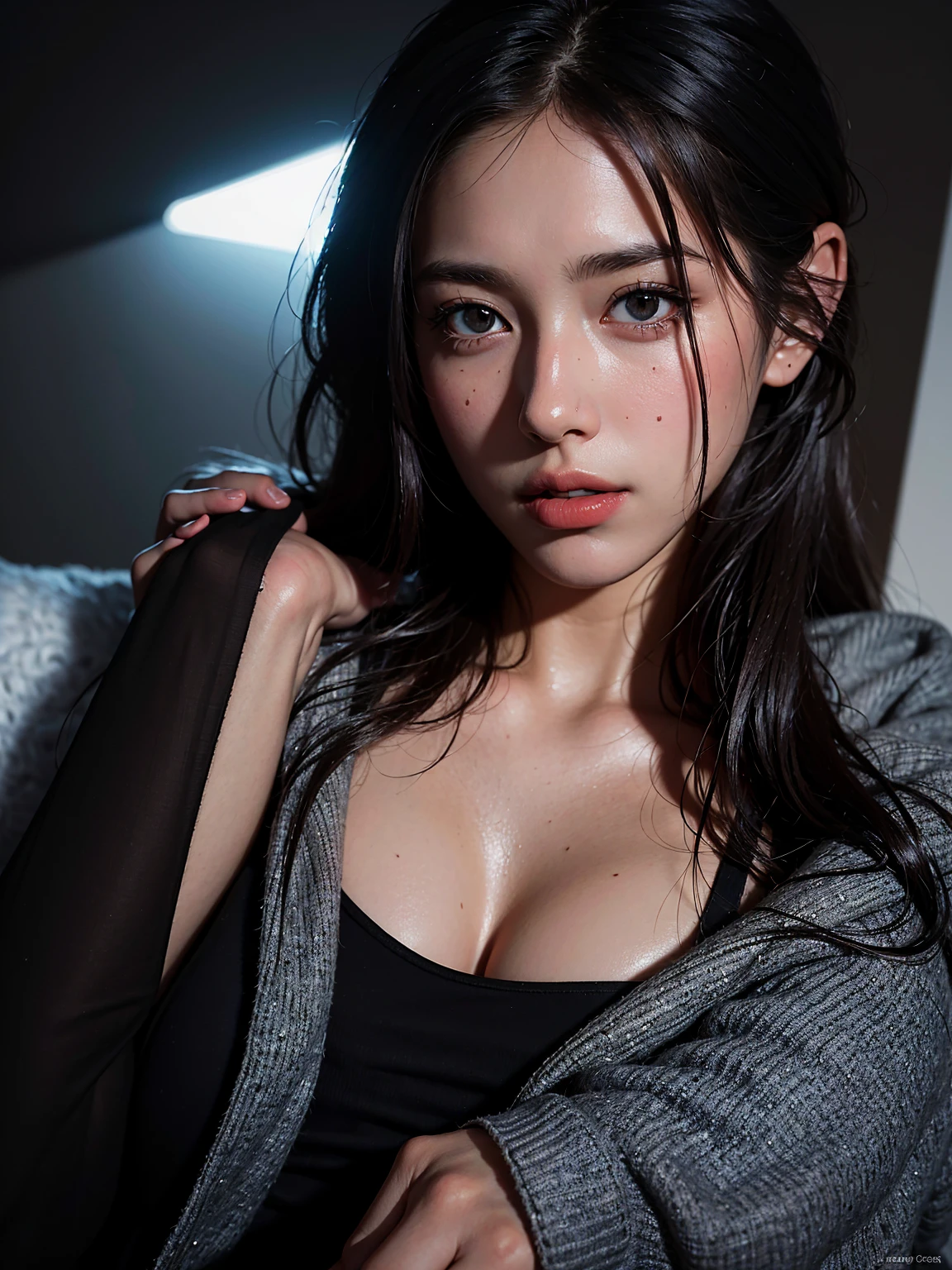 1girl, black hair, red eyes, small breasts, medium ass, black dress, spread legs, ahegao, ahegao face, wet, wet armpits, sweating, sweating armpits, acostada en la cama, semi desnuda, wet arms, wet pussy, yor briar