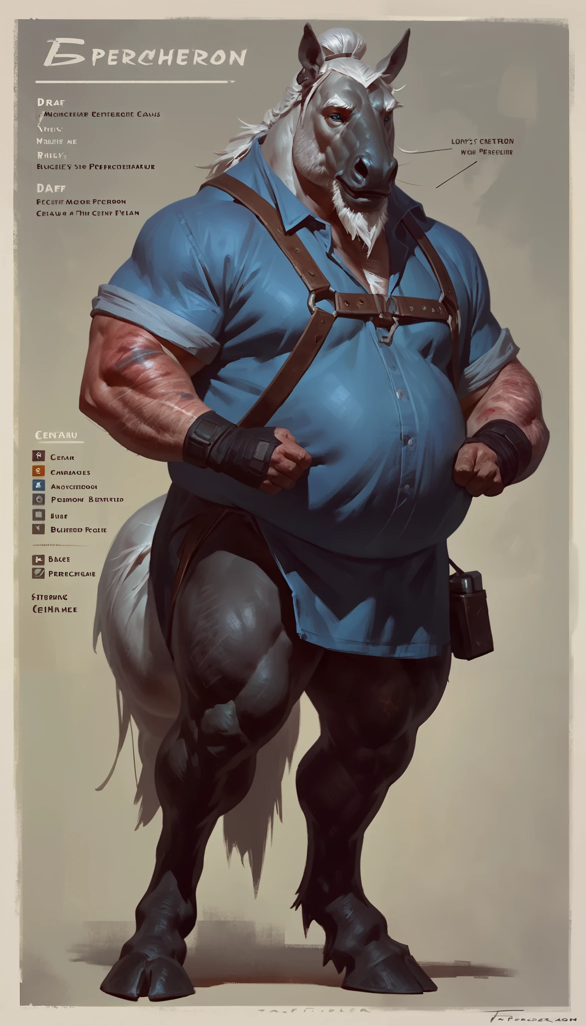 Taran Fiddler, ((An old male centaur who's lower horse body is that of a percheron, and his upper human body is slightly chubby but strong.)), Centaur, male, solo, older male, mature male, grandfather, tall, sstrong, musclegut, bara, draft horse body, white fur, grey dappled fur, white hair, hairy, blue eyes, burn scars on arms, mustache, facial hair, short beard bushy eyebrows, grumpy arms crossed, fingerless leather gloves, gun harness, blue shirt, rolled up sleeves, hair bun, docked tail, cropped tail, dark hooves, horse ears, stocky, character sheet, character reference, full body view, realistic proportions