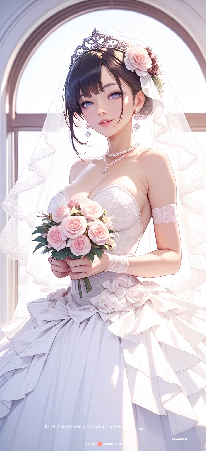 masterpiece:1.2, highest quality), Realistic, (live-action, Intricate details, Depth of written boundary), (One girl, alone), compensate, Lips parted, Very detailed, Perfect Face, (Skin dents), Thick thighs, Wide Hips, Narrow waist, expensive, Glossy coral lips,, (Girl in wedding dress holding flowers in hand )), sexy, Blushing, Mikasa from AOT
