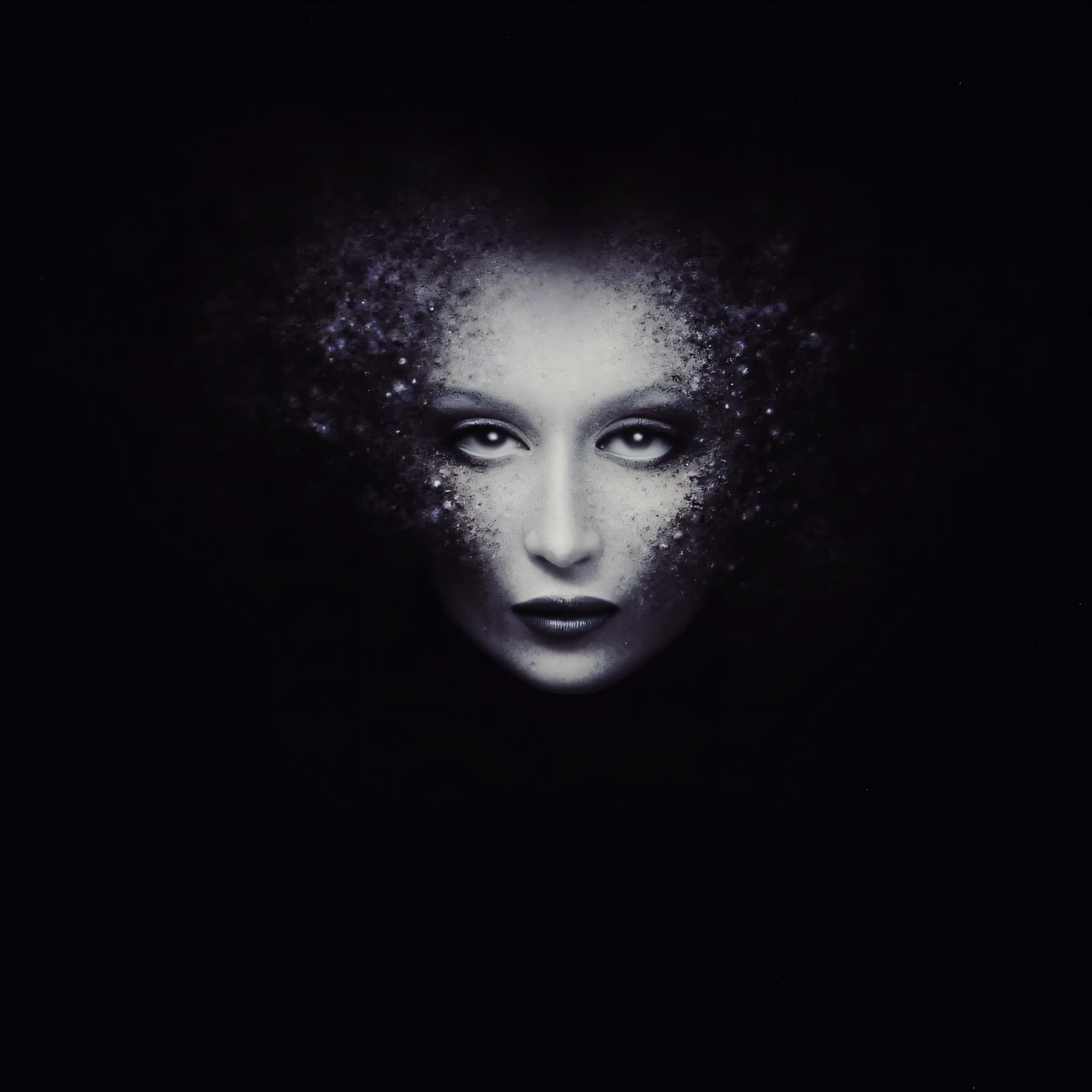 Minimalistic image. logo. A beautiful woman's face disintegrates into particles and dust. black background. The horror