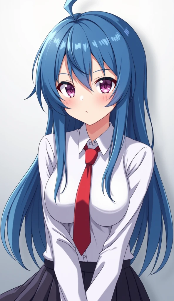 Masterpiece, Very detailed, Ultra-detailed, One, (1 woman), The woman with blue hair and red eyes, a white shirt, anime drawing inspired by Ib Eisner, trending on pixiv, auto-destructive art, sona - slim, reincarnated like slime, ikki tousen, anime moe artstyle, tensei shitara slime datta ken, seductive anime girl, There's a white background in the background, rimuru tempest