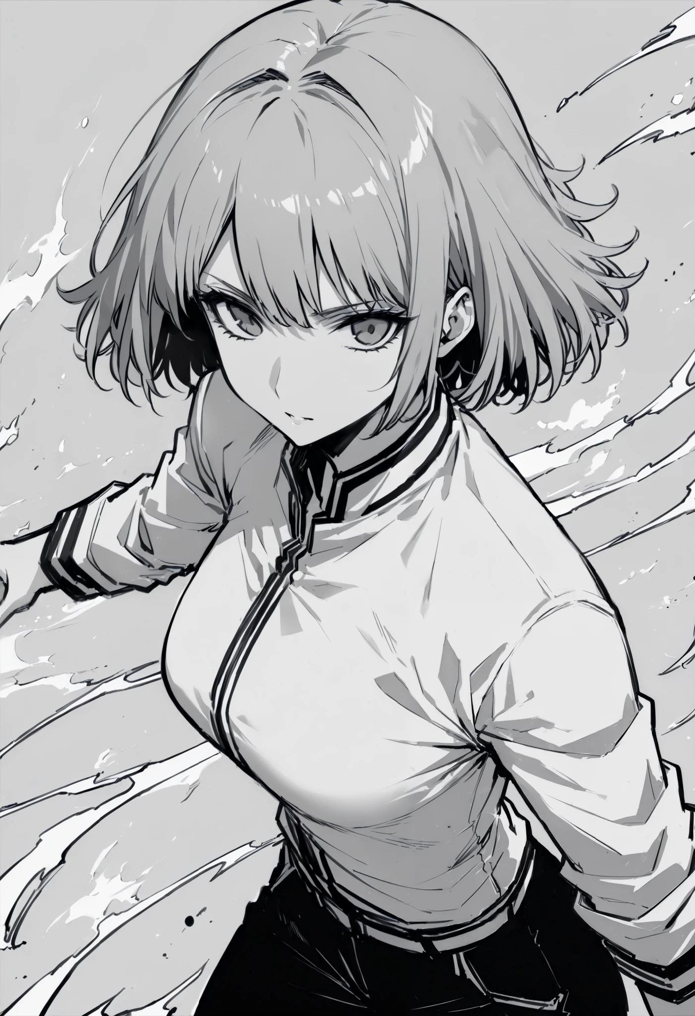score_9, score_8_up, score_7_up, ((masterpiece,best quality)), monochrome, greyscale, monochrome,no hatching, torso image, monochrome,best quality, high resolution, clean background, high contrast,Masterpiece, manga art, line art, high angle, unshaded, 1girl, white hime cut, upper body image, defined long eyelashes, grey eyes, wearing a white jacket, black pants, fighting stance, great composition, perfection