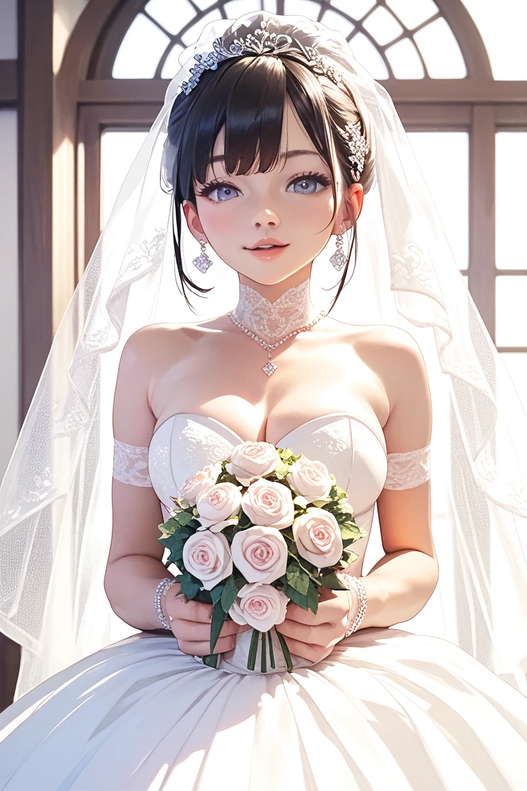 (1girl), ponytail, Extremely cute face, Amazing face and eyes, (Highly detailed eyes, Highly detailed face), fresh, Very clean appearance, (Hyper-realistic, hight resolution), (Best Quality:1.4), (hyper quality), Authentic skin texture, Raw photo, (Realistic, Photorealsitic:1.37), highly detailed, Professional Photography, (beautiful lace bridal dress:1.5), (lace bridal dress with open front), (cleavage:1.2), (Bare shoulders), Smile slightly, (Staring at me), luxury living room, girl portrait,