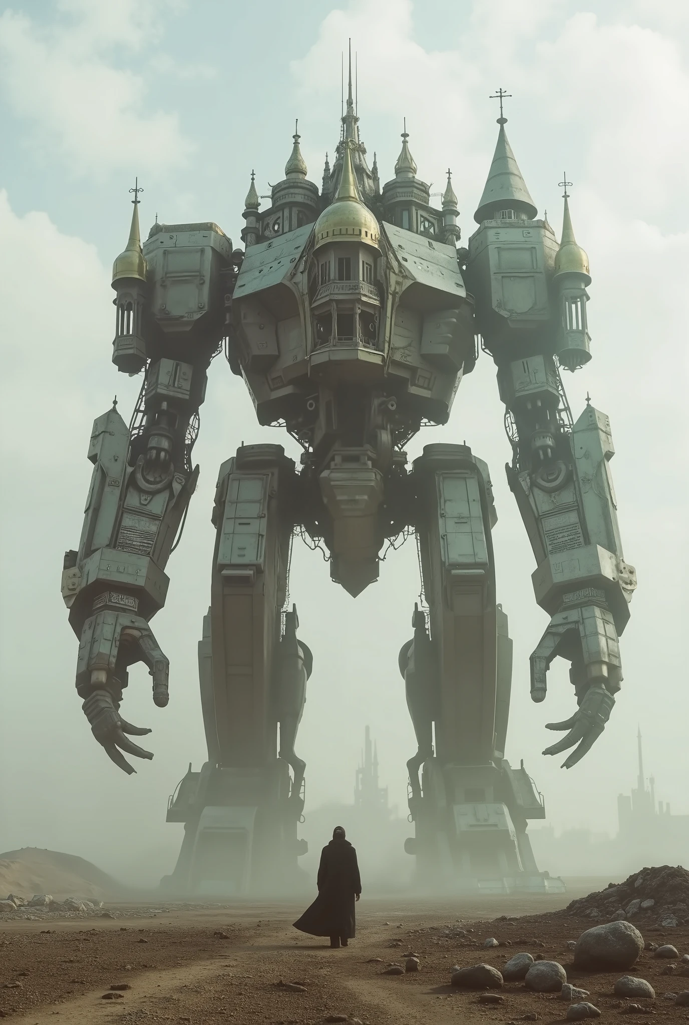 (Masterpiece, ultra-realistic, 32k, best quality, hyper-detailed, cinematic lighting, reversal film photography, film grain, intricate textures, photorealistic, dramatic composition, immersive depth, trending on ArtStation.) A colossal walking fortress, gothic-mechanical engineering and Byzantine cathedral architecture, joined-led, armed with turrets hand, doóm and towers. strides across a post-apocalyptic wasteland