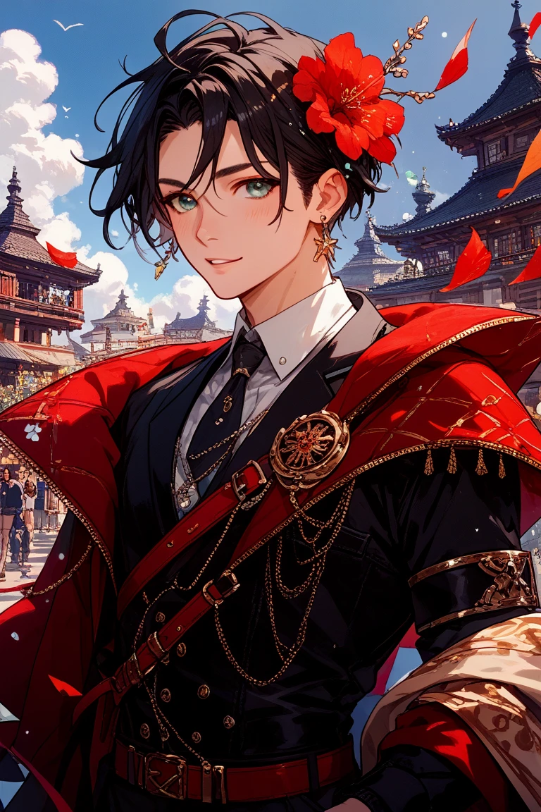 (masterpiece, best quality:1.2), hui xiyi,1boy, black hair, face, facial mark, forehead, bangs, looking at viewer, short hair, solo, tattoo, upper body, yellow eyes, rekkyo sensen, chinese clothes, black clothes, red jacket, silver choker, navel, pants, black pants, background((shanghai, sky, blue sky, colosseum, stage, flower, castle))