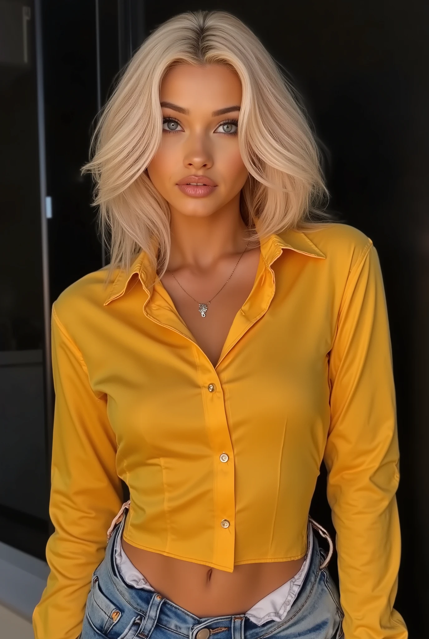 arafed woman wearing yellow satin collared shirts, (buttoned up), long sleeves, short hair, looking at viewer, sweet smile, lawyers office, night