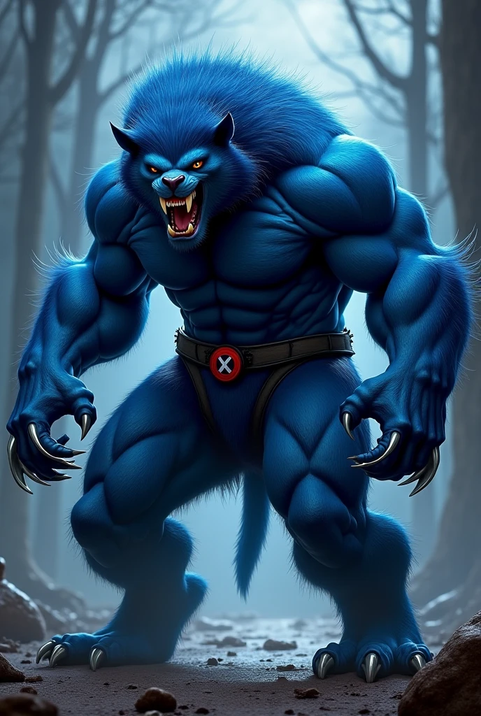A fierce and armed 3d blue werewolf
