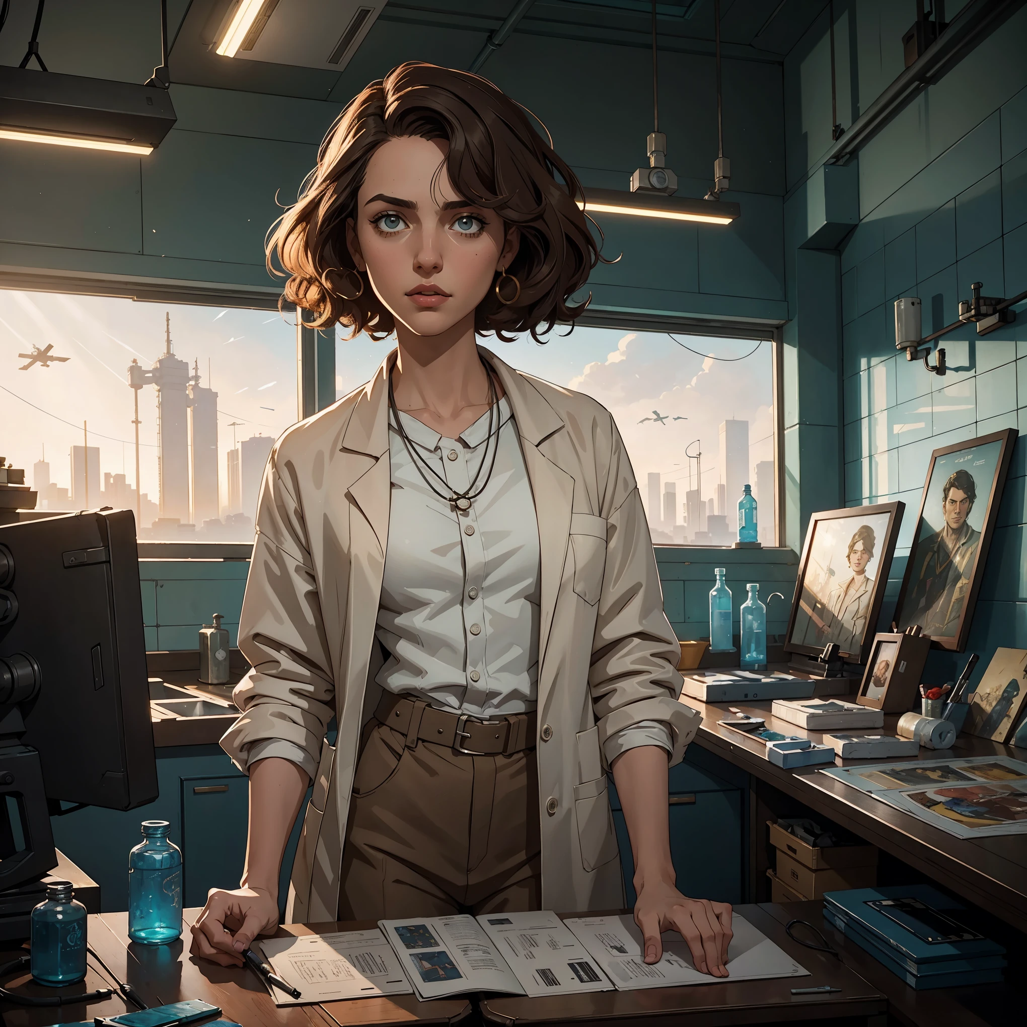 marqual, young female character in a scientist lab coat and holding futuristic tablet, medium length curly bob hair, Watercolor expressionist, disco elysium, dishonored, concept art style, dave mckeans, Warren Ellis and illustrated by Ben Templesmith, standing in a brightly lit modern white tiled sterile engineering lab with large windows showing a daytime city skyline outside, sunlight through windows, ((upper body portrait))