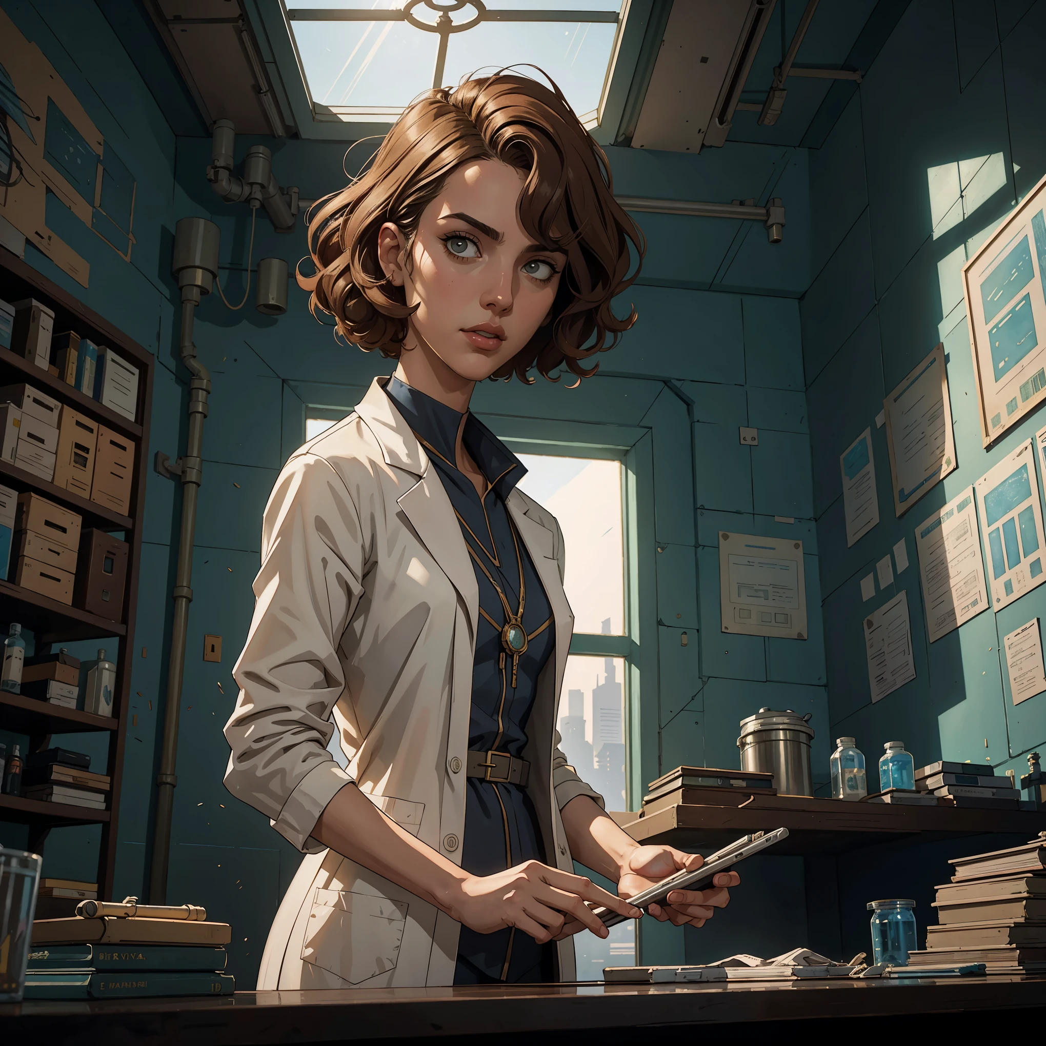 marqual, young female character in a scientist lab coat and holding futuristic tablet, medium length curly bob hair, Watercolor expressionist, disco elysium, dishonored, concept art style, dave mckeans, Warren Ellis and illustrated by Ben Templesmith, standing in a brightly lit modern white tiled sterile sifi-engineering lab with large windows showing a daytime city skyline outside, sunlight through windows, ((upper body portrait))