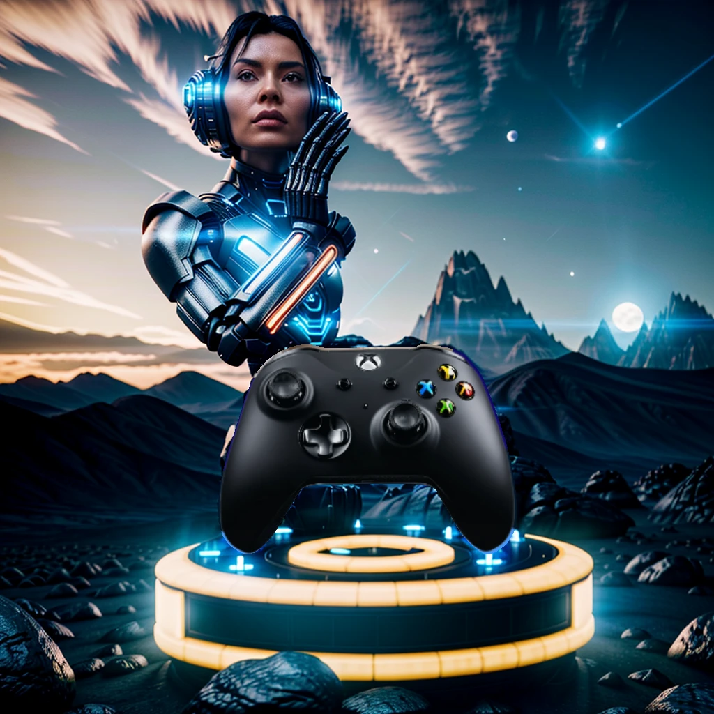 masterpiece, best quality, cinematic photo of Cyber sci-fi style, close-up of a mountain in the distance with a blue moon in the background, stunning alien planet landscape, black rocks with a glowing black mechanical platform on the ground, surreal 3d landscape style, rendered in cinema4d style, minimalist stage design, layered surface, photograph, film, highres