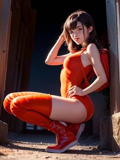 top-quality、masterpiece、超A high resolution、(Photorealsitic:1.4)、Raw photo、woman 1、A Japanese Lady、(Super Mario costume in shiny latex)、Wet skin、Looking at the camera、Glamour body、Spread your legs apart Spread your legs in an M shape、deep-shadows、abstract background