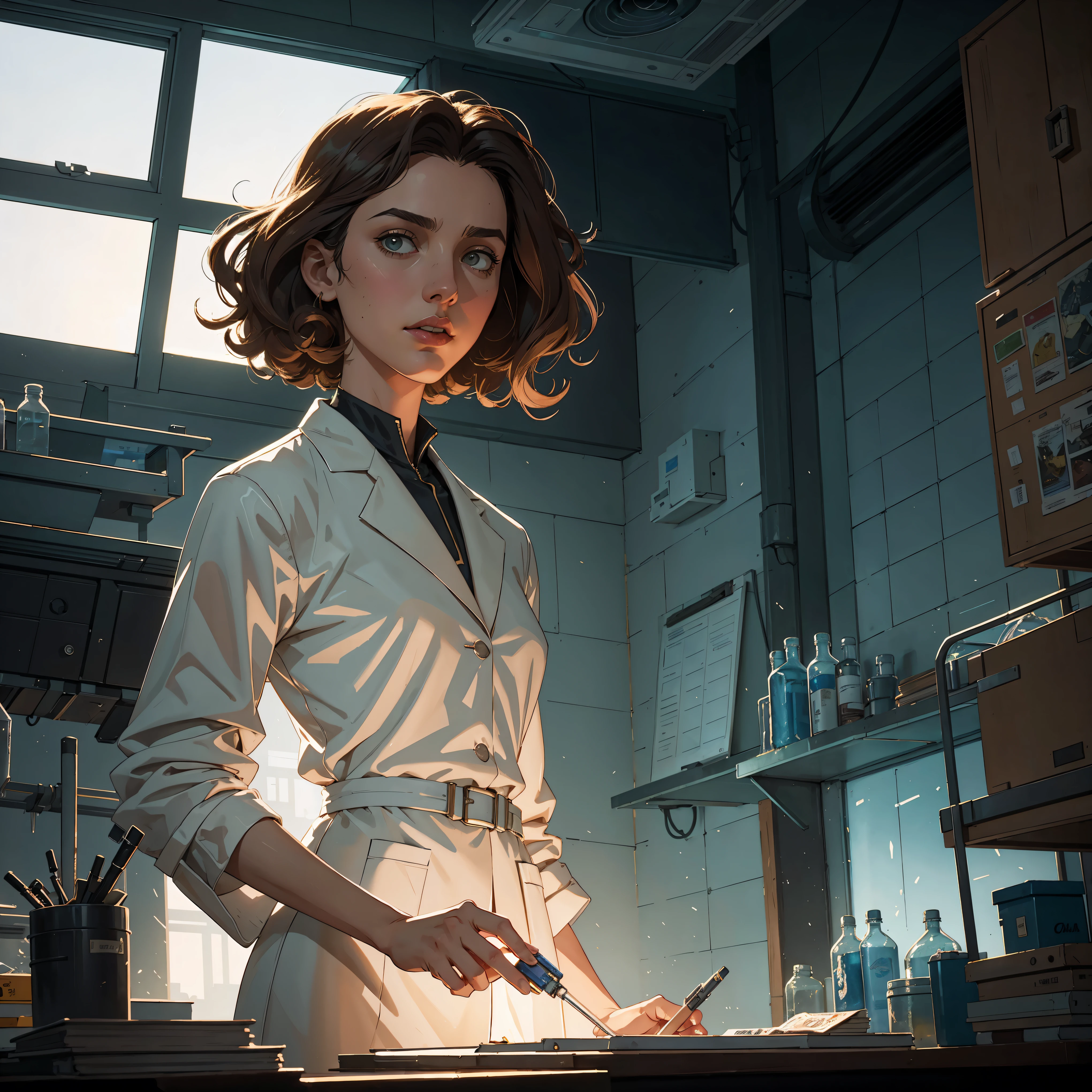 marqual, young female character in a scientist lab coat and holding futuristic tablet, medium length curly bob hair, Watercolor expressionist, disco elysium, dishonored, concept art style, dave mckeans, Warren Ellis and illustrated by Ben Templesmith, standing in a brightly lit modern white tiled sterile engineering lab with large windows showing a daytime city skyline outside, sunlight through windows, ((upper body portrait))