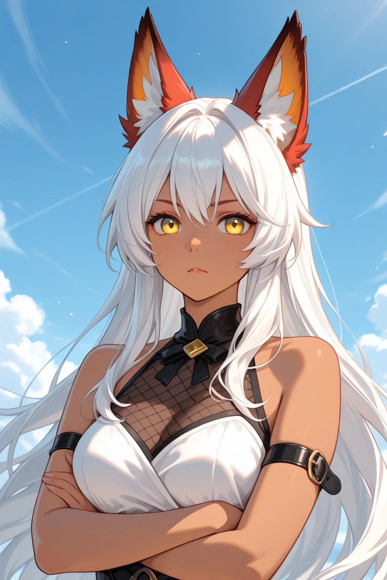 masterpiece, best quality, kitsune 1girl, solo, beautiful kitsune woman, fox ears, bangs, white hair, very long hair, blue eyes, smug, medium breasts, black choker, black bra, black panties,  5 white fox tails, white hair, cowboyshot looking at viewer