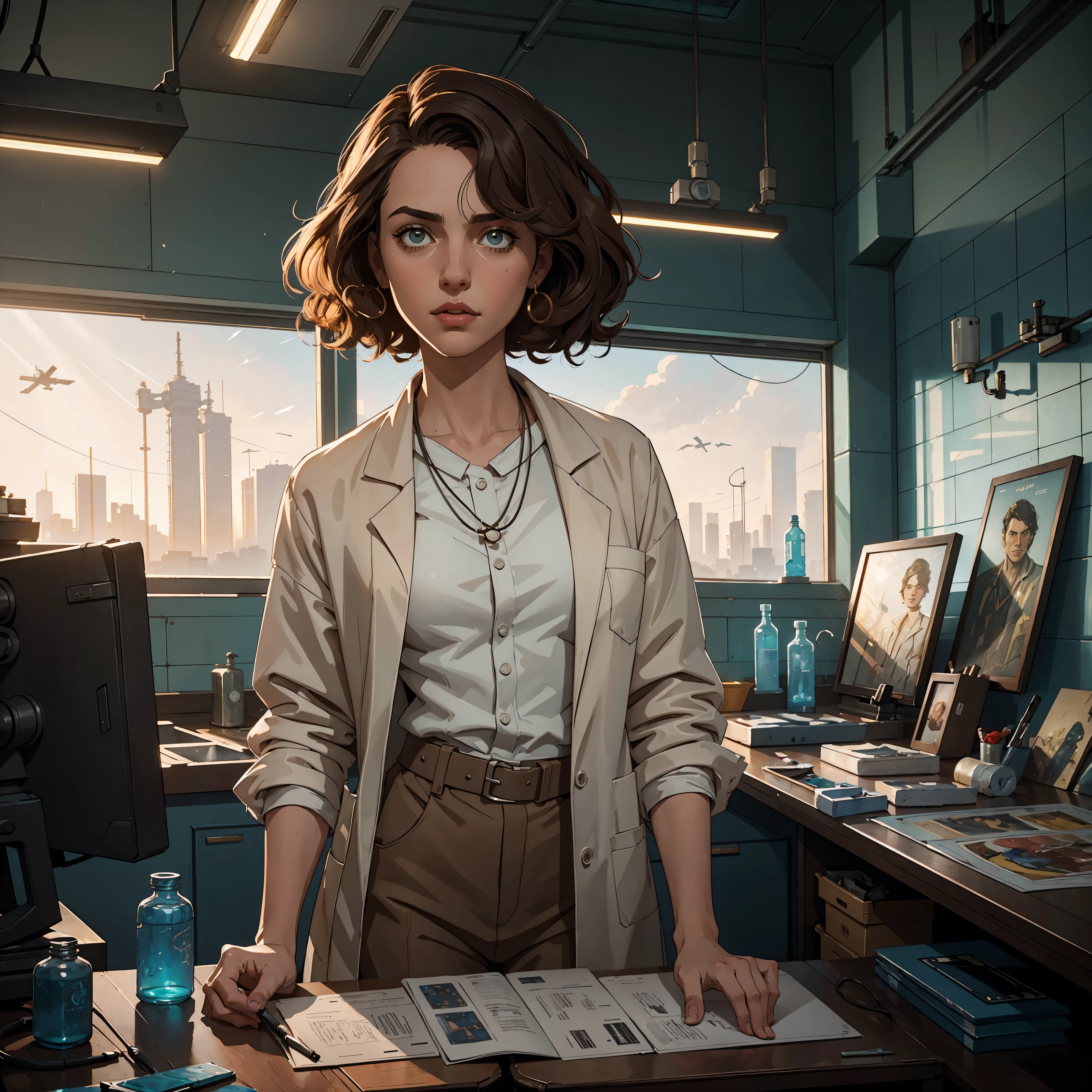 marqual, young female character in a scientist lab coat and holding futuristic tablet, medium length curly bob hair, Watercolor expressionist, disco elysium, dishonored, concept art style, dave mckeans, Warren Ellis and illustrated by Ben Templesmith, standing in a brightly lit modern white tiled sterile engineering lab with large windows showing a daytime city skyline outside, sunlight through windows, ((upper body portrait))
