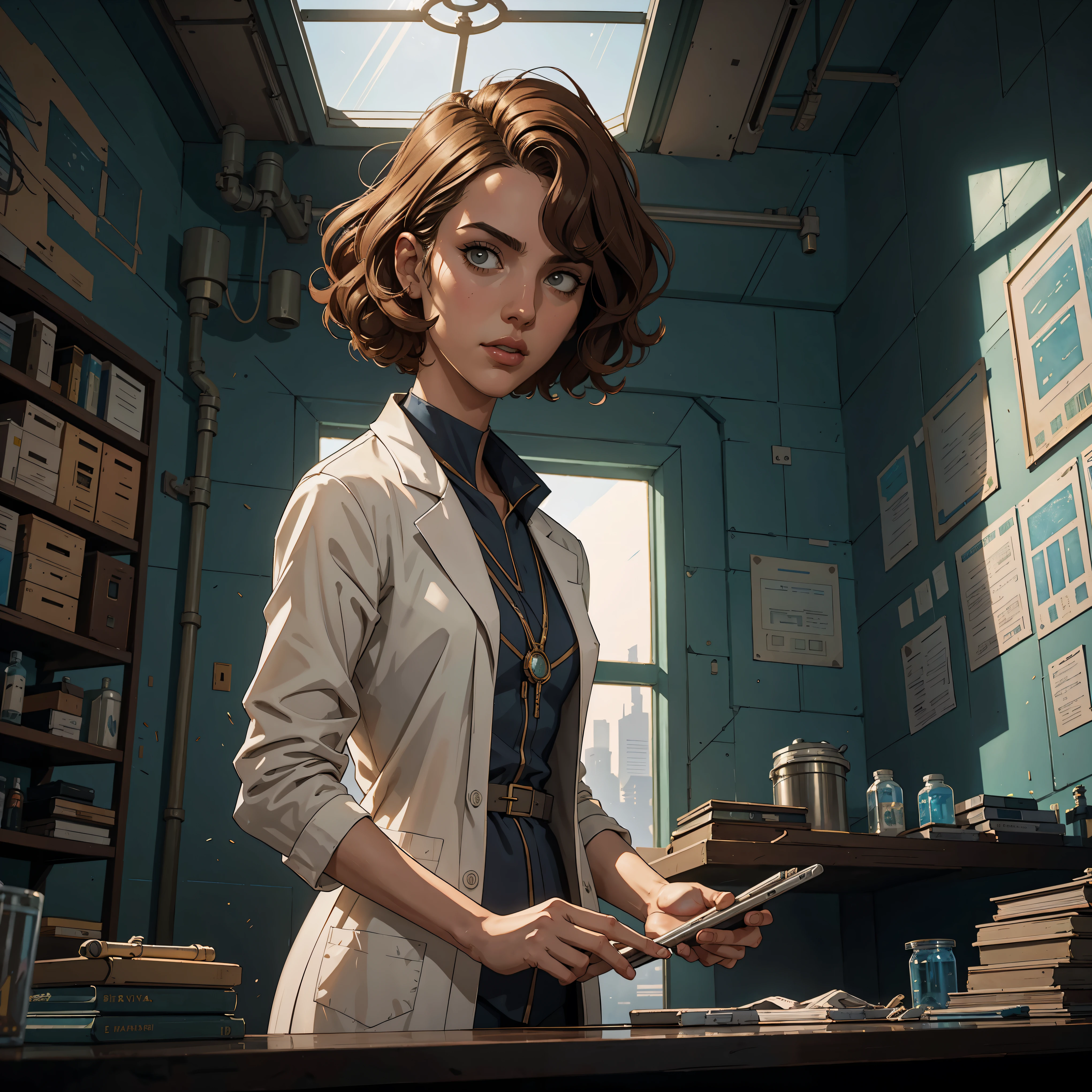 marqual, young female character in a scientist lab coat and holding futuristic tablet, medium length curly bob hair, Watercolor expressionist, disco elysium, dishonored, concept art style, dave mckeans, Warren Ellis and illustrated by Ben Templesmith, standing in a brightly lit modern white tiled sterile sifi-engineering lab with large windows showing a daytime city skyline outside, sunlight through windows, ((upper body portrait))