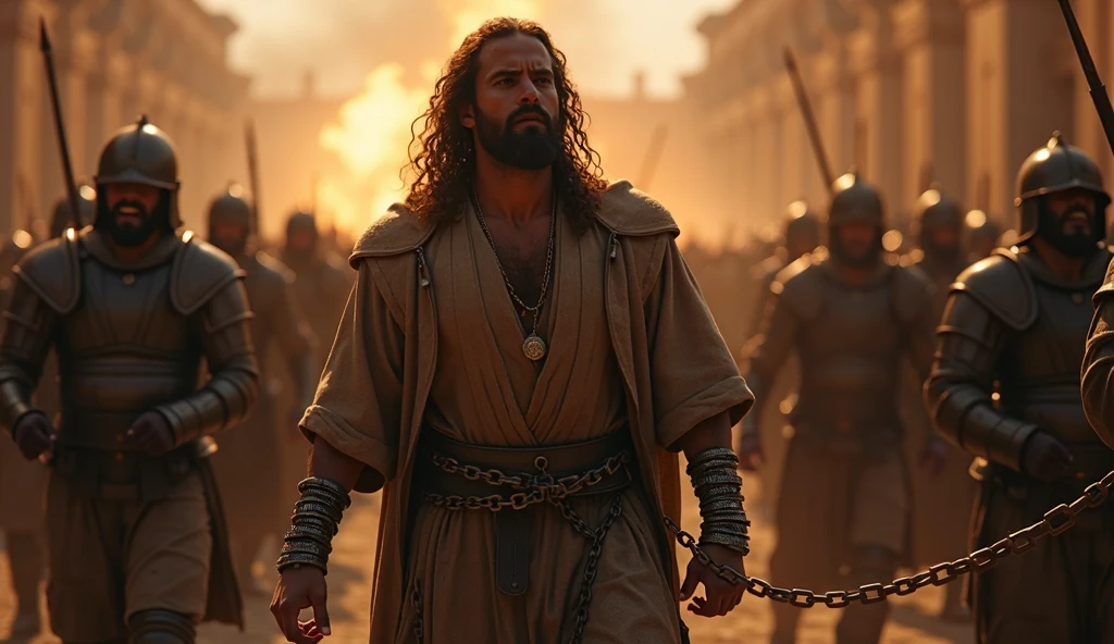 A middle-aged man with a long beard and disheveled hair, wearing a camel-hair tunic and a leather belt.
Scene: Elijah on Mount Carmel, at an altar made of stones, surrounded by a crowd and the prophets of Baal. He looks up to the sky and prays, and a lightning bolt of fire descends and consumes the sacrifice on the altar, with the crowd reacting with awe and reverence.