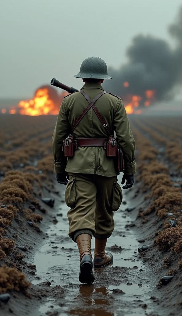 The battlefield of World War I was full of mud and artillery fire,One soldier was covered in mud,holding a gun,Looking ahead desperately,dimly lit,Flaming,high detal,4k