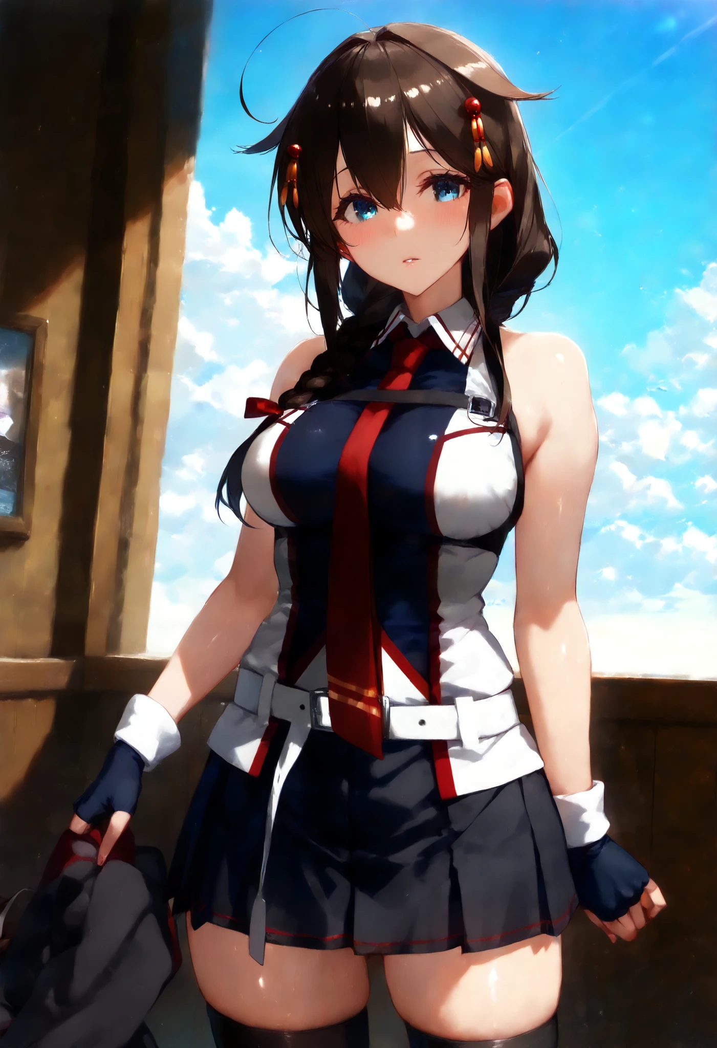 Sigure_Kaizo_kantai collection, KanColle_Shigure, KC,score_9, score_8_up , score_7_up , 8K high resolution ( very detailed ), masterpiece, ( best quality )　 animated illustration,  detail eyes,  detailed face 　 detailed hands 　 thin hair　 very detailed本文 、 fine skin one girl , long hair、brown hair、 hair ornament、 、 pleated skirt、black、 black high socks　fingertip gloves  、 black skirt 、  sleeveless shirt、 single braids、red tie、two-tone shirt、 shoulder hanging hair 、  hair flap、White Belt　(chest)　 a gentle expression　Blue sky background 